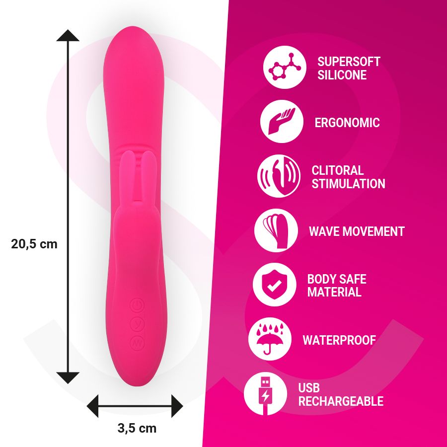 Rosa Silikon-Produkt. Maße: 20,5 cm lang, 3,5 cm breit. Text: "SUPERSOFT SILICONE", "ERGONOMIC", "WATERPROOF" und weitere.