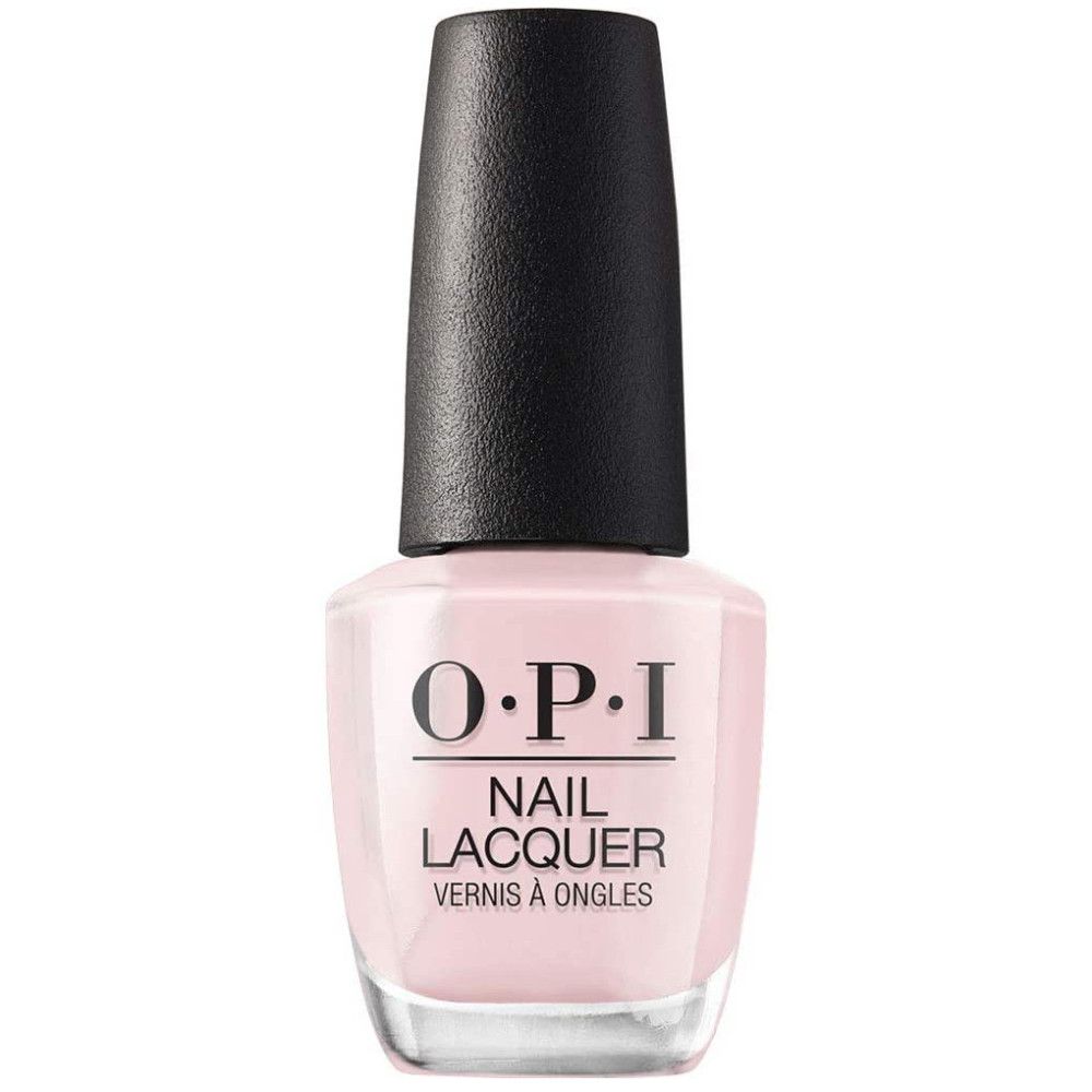 OPI Nagellacke Flasche. Rosa Lack, schwarzer Deckel. Aufschrift: OPI, NAIL LACQUER, Vernis à Ongles.