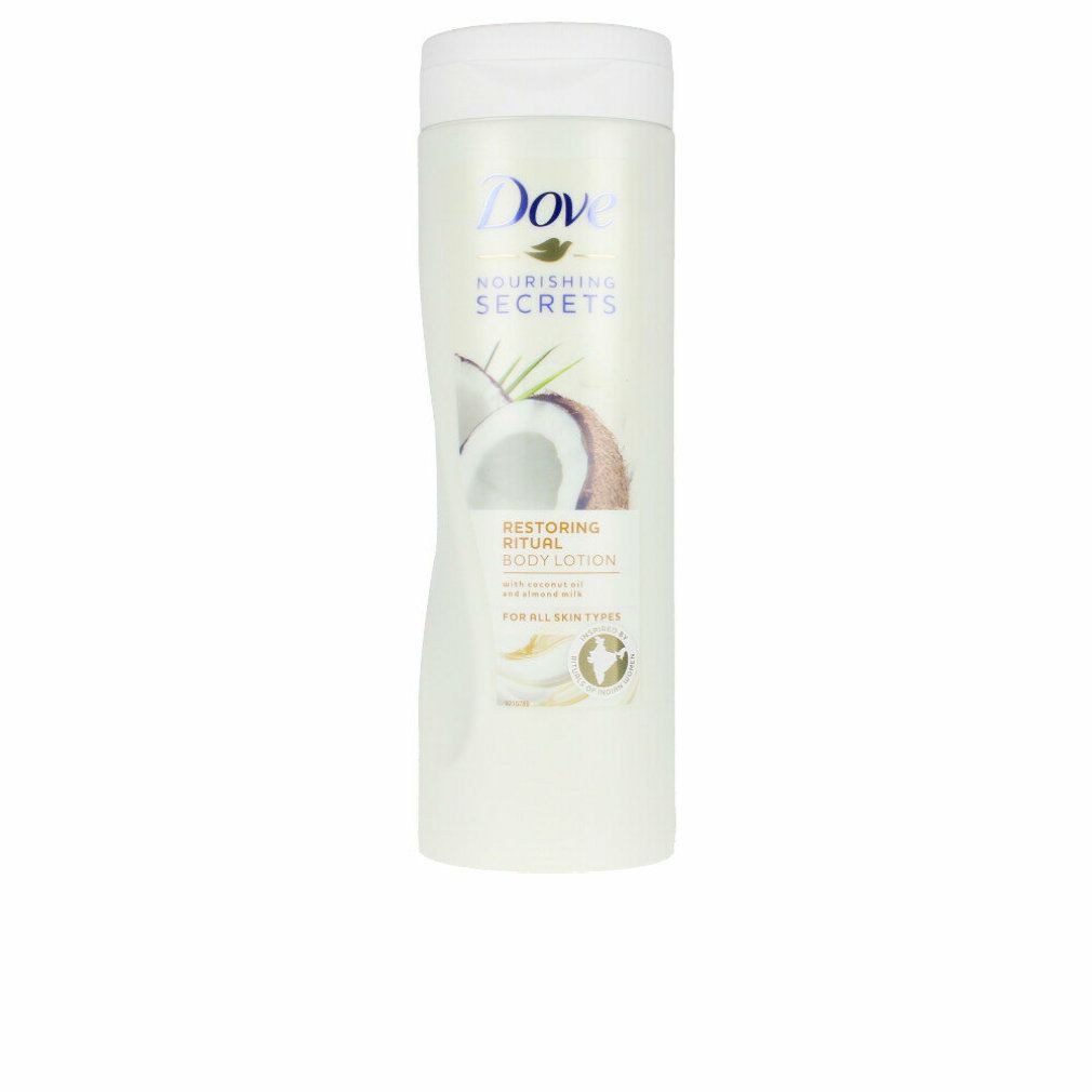 Weiße Flasche mit Dove-Logo und Produktbezeichnung. Abbildung von Kokosnuss und Text: Restoring Ritual Body Lotion. Für alle Hauttypen.
