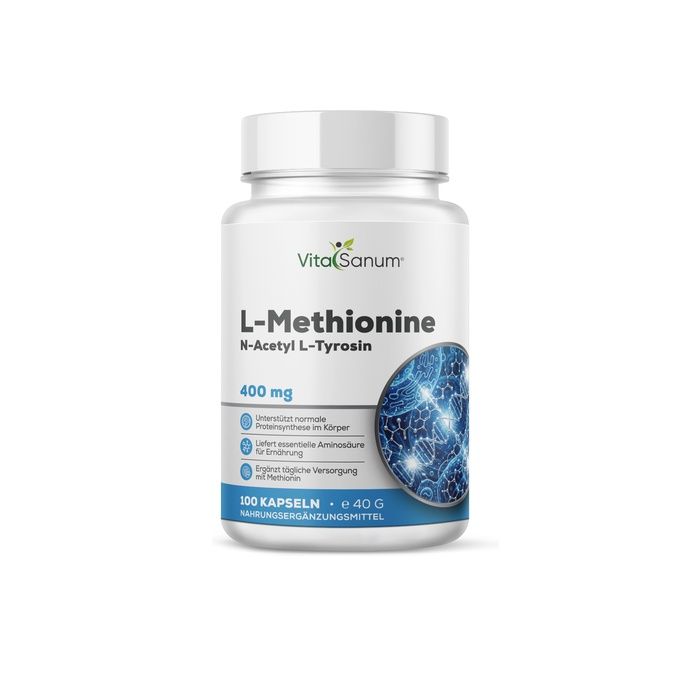 VitaSanum L-Methionin 400 mg Kapseln: Weißer Behälter mit blauem Etikett, das L-Methionin und N-Acetyl L-Tyrosin angibt.