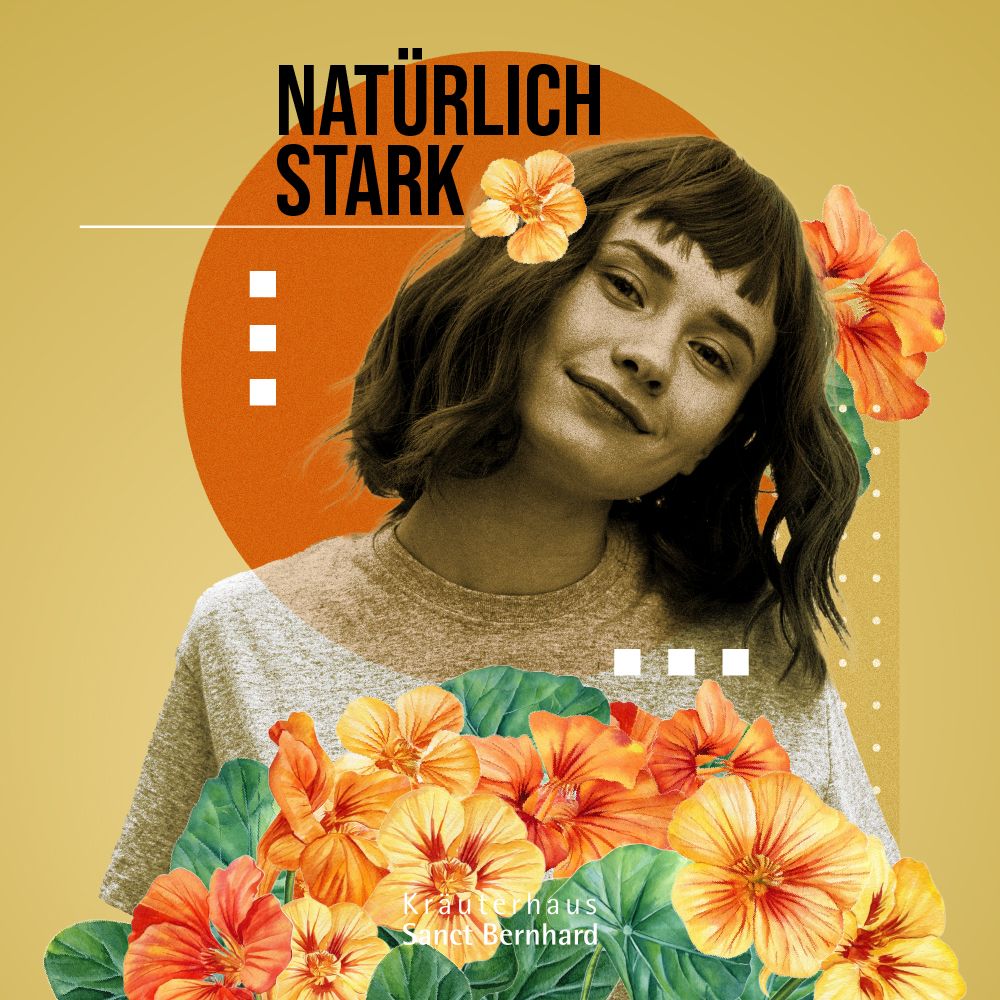 Grafik mit Text: Natürlich stark. Junge Frau mit Blumen, orangefarbener Hintergrund, Logo Sanct Bernhard.
