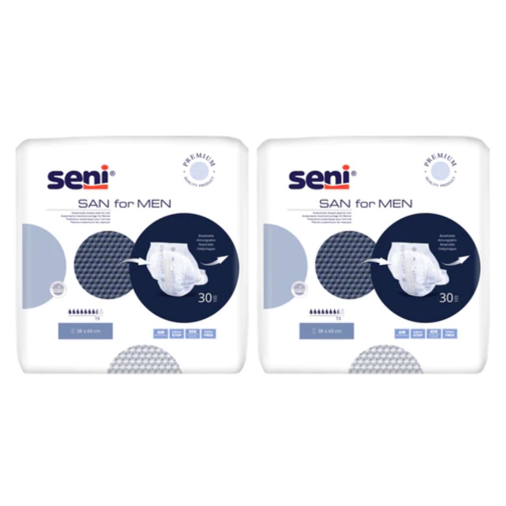 Zwei Packungen Seni San for Men. Weiße Verpackung mit Produktabbildung und blauen Akzenten. Text: Seni, SAN for MEN, 30.