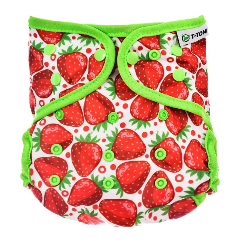 T-TOMI Überunterhose mit Erdbeermuster. Weißer Stoff mit roten Erdbeeren und grünen Details. Druckknöpfe und Logo.