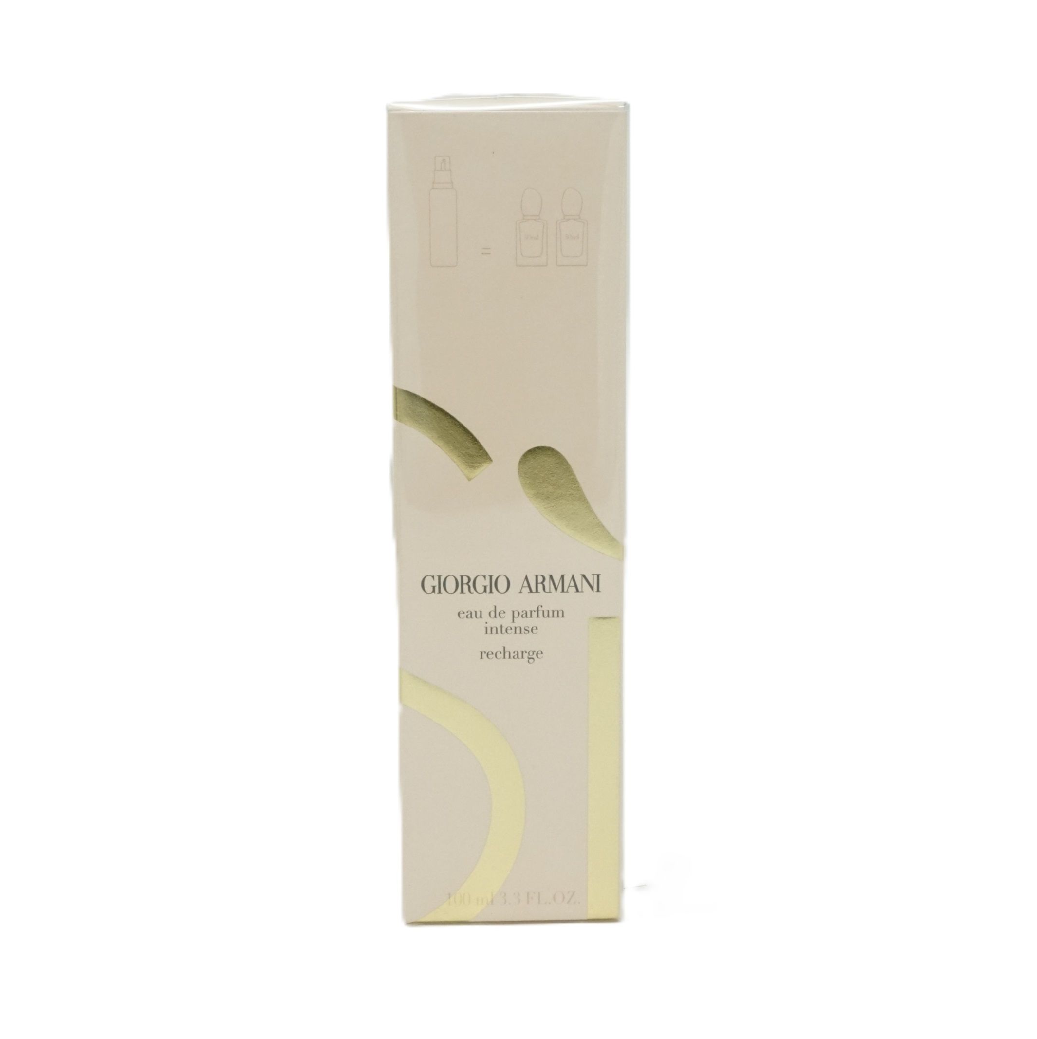 Giorgio Armani Si Eau de Parfum Intense Recharge. Rechteckige Verpackung mit Produktnamen und Logo. Beige und goldfarbene Elemente.