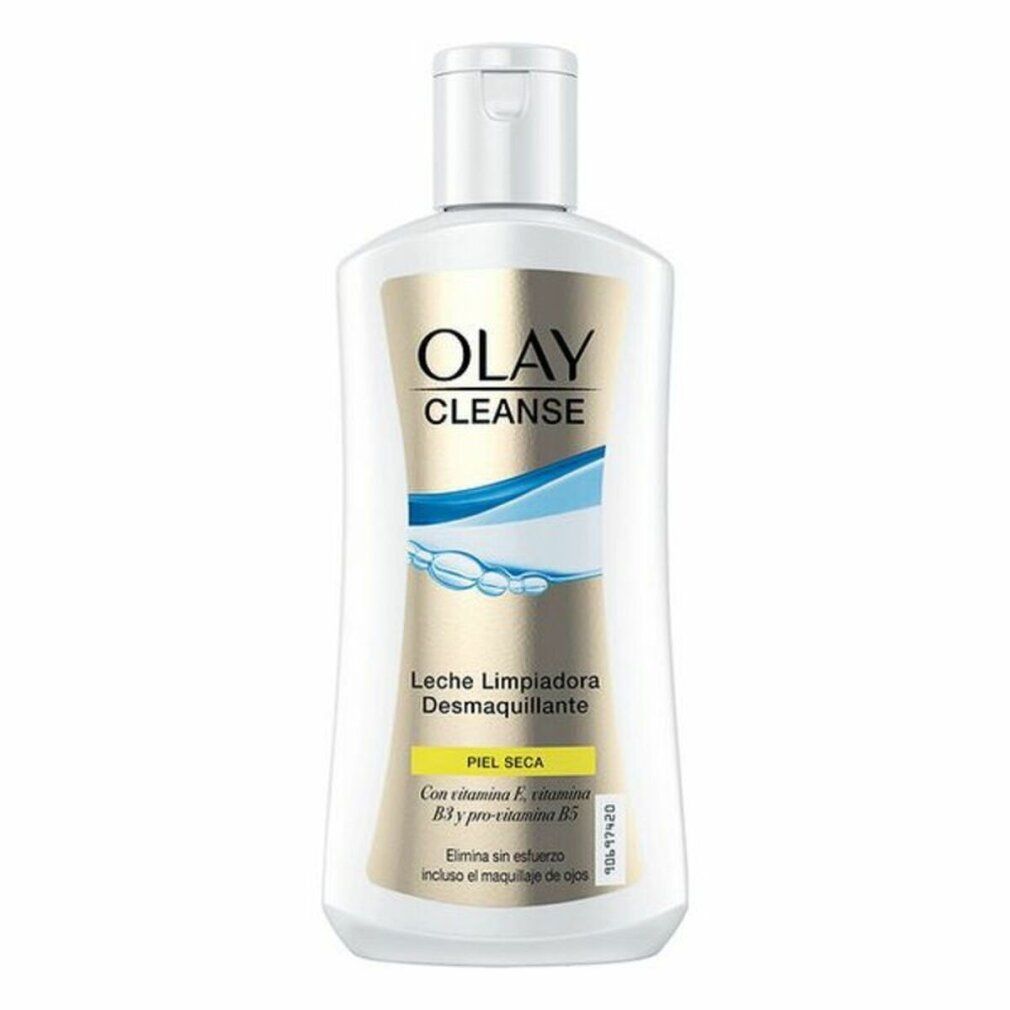 Weiße Flasche mit Olay Cleanse. Text: Leche Limpiadora Desmaquillante, für trockene Haut. Enthält Vitamin E, B3 und Pro-Vitamin B5.