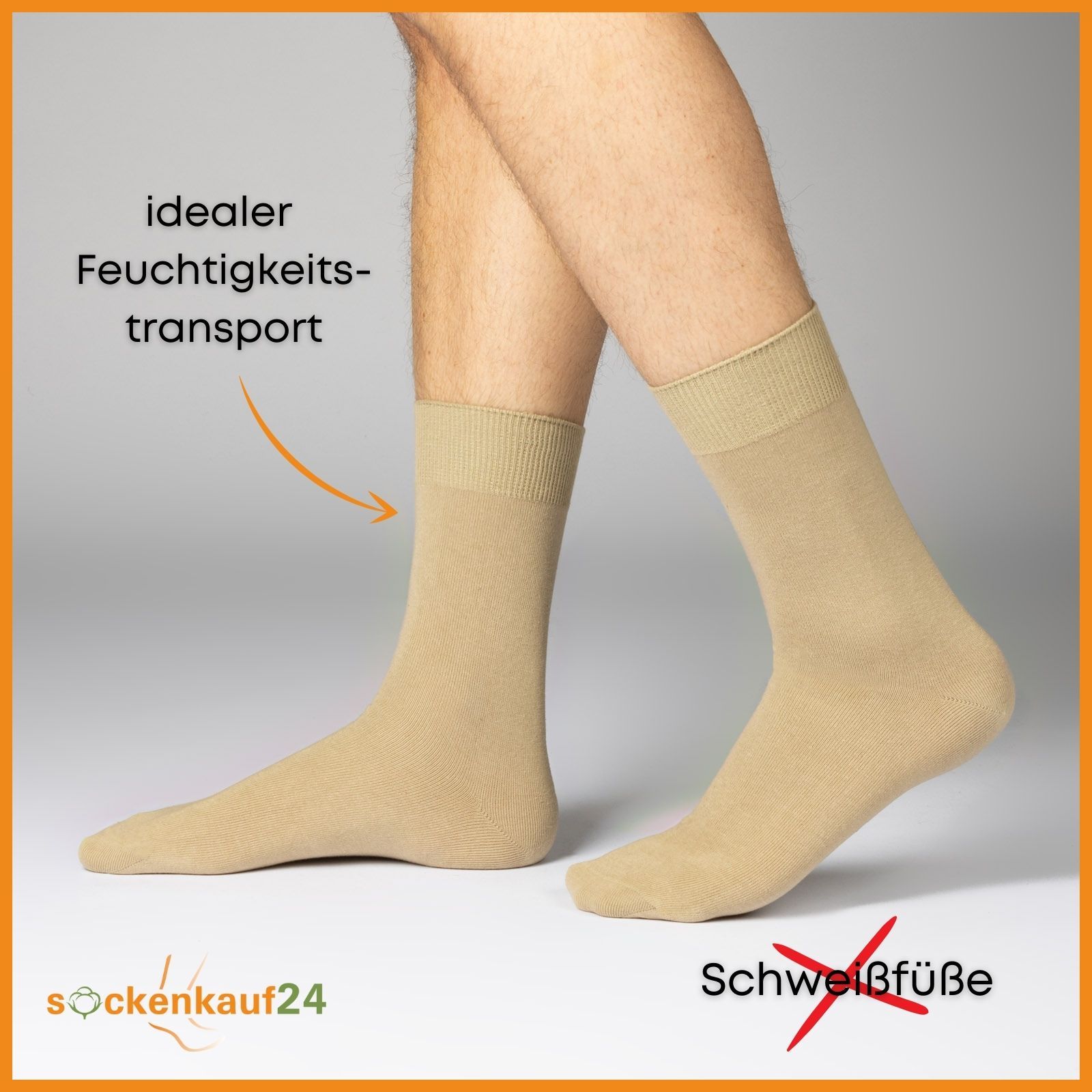 Mann trägt beige Socken. Text: idealer Feuchtigkeitstransport. Keine Schweißfüße.