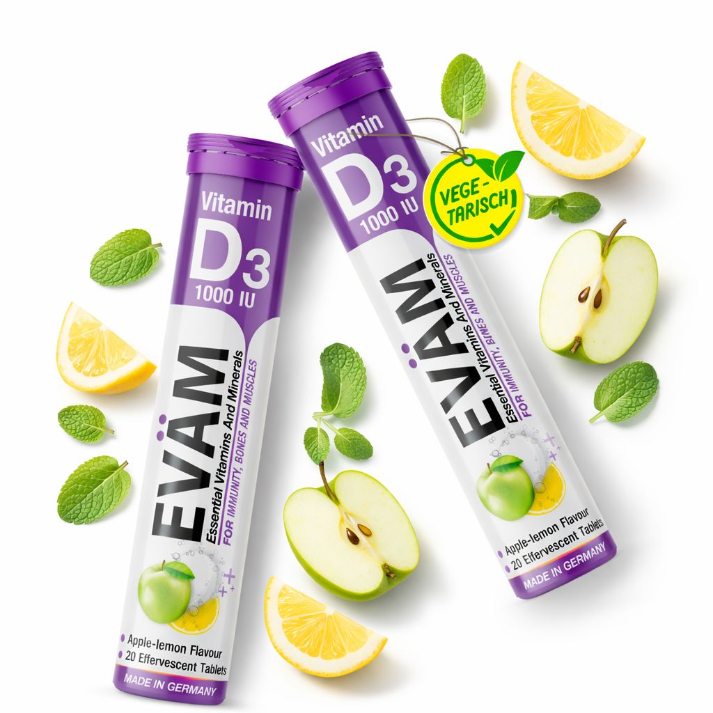 Zwei Tuben EVÄM Vitamin D3 Brausetabletten, Äpfel, Zitronen und Minze. Label: 'Vege-tarisch'. Text: Apple-lemon flavour, 20 Effervescent Tablets.