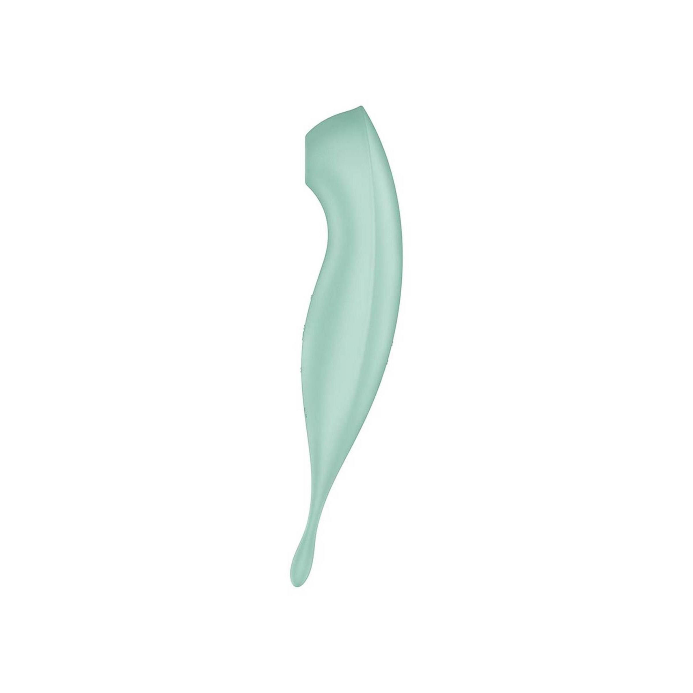 Mintfarbener, länglicher Vibrator. Abgerundete Form, Tropfenende. SF-Logo sichtbar.