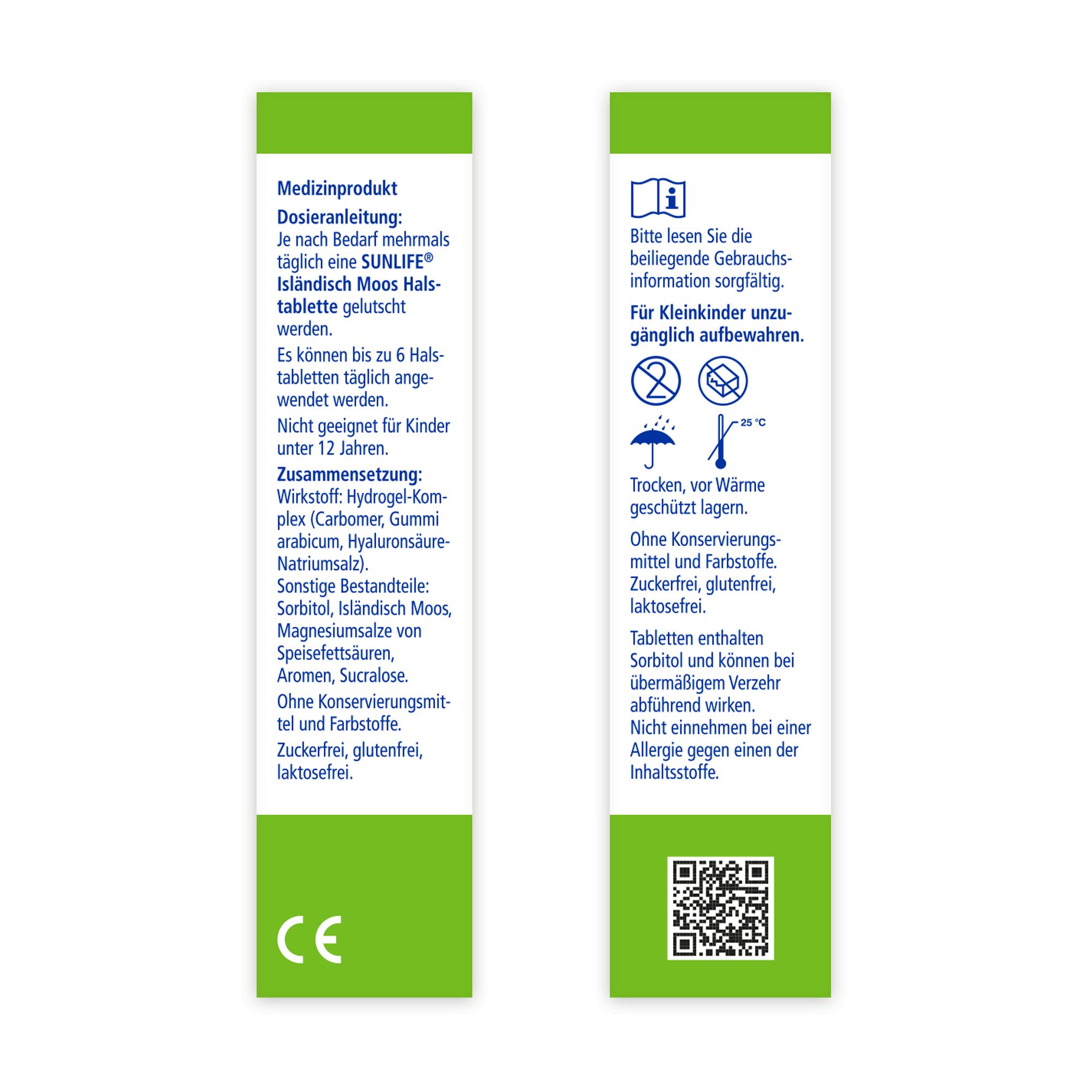 Rückseite der Sunlife Halstabletten Isländisch Moos Verpackung. Enthält Informationen zu Inhaltsstoffen, Anwendung und Warnhinweisen.