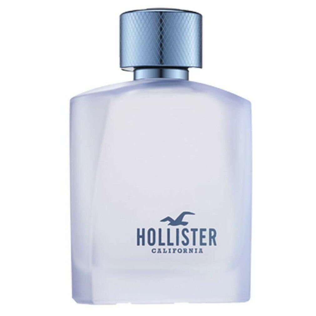 Klarer, rechteckiger Flakon mit blauem Verschluss. Aufschrift: HOLLISTER CALIFORNIA. Produktname nicht sichtbar.