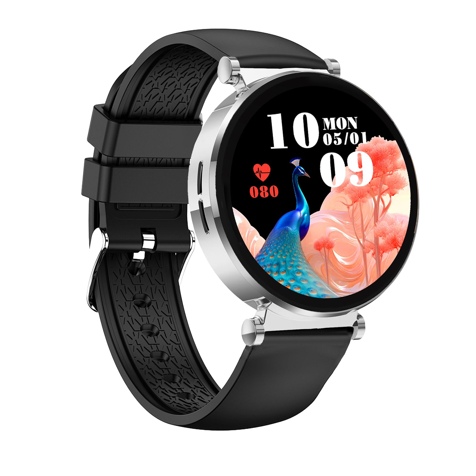 Smartwatch mit rundem Zifferblatt, schwarzem Armband und silbernem Gehäuse. Zifferblatt mit Datum, Uhrzeit und Pfau-Motiv.