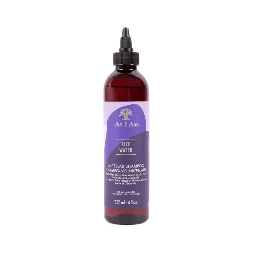 Braune Flasche mit schwarzem Deckel. Aufschrift: Rice Water Micellar Shampoo. Marke: As I Am. Volumen: 237 ml.