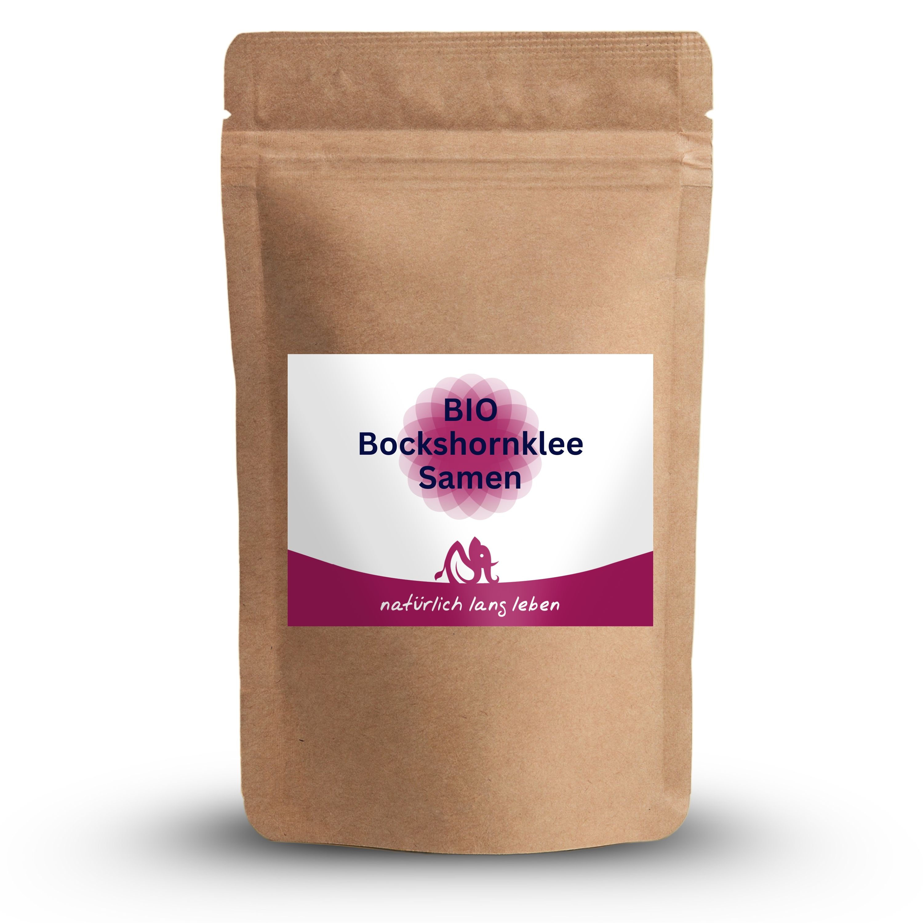 Braune Tüte mit Etikett. Aufschrift: BIO Bockshornklee Samen. Logo: natürlich lang leben. Verpackung.