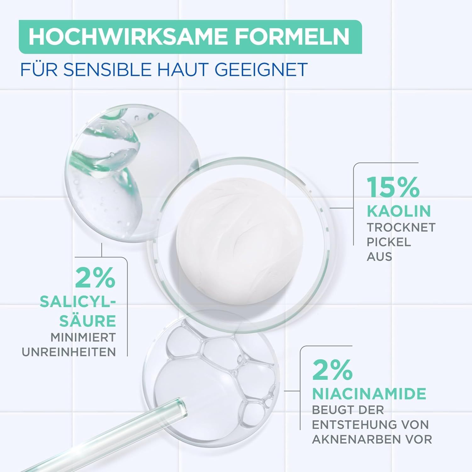 Grafik mit Inhaltsstoffen: 2% Salicylsäure, 15% Kaolin, 2% Niacinamid. Inhaltsstoffe in runden Behältern.