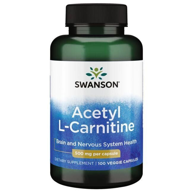 Grüne Flasche mit weißem Etikett. Aufschrift: SWANSON, Acetyl L-Carnitin, 500 mg pro Kapsel, 100 Veggie-Kapseln.