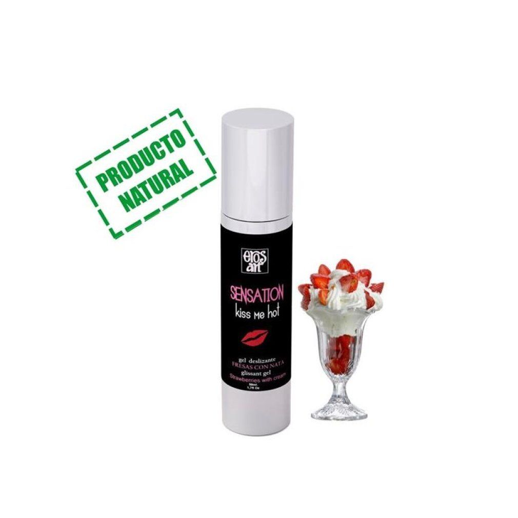 Gleitgel-Flasche mit Erdbeer-Dessert und Siegel 'Producto Natural'.