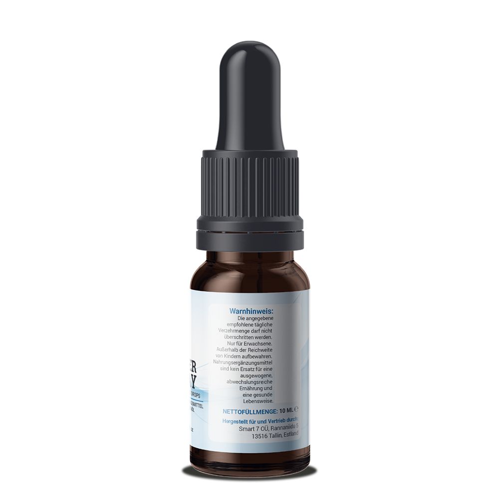 Braune Glasflasche mit schwarzem Tropfer. Etikett mit Warnhinweisen und Nettomenge 10 ml.