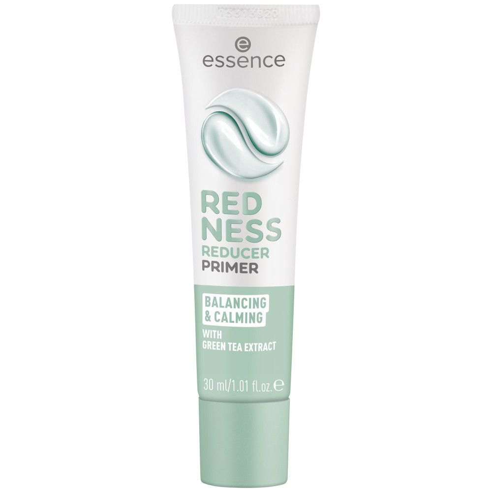 Tube mit Produkt. Weiß, grün. Aufschrift: Essence, Redness Reducer Primer, Balancing & Calming, Green Tea Extract.