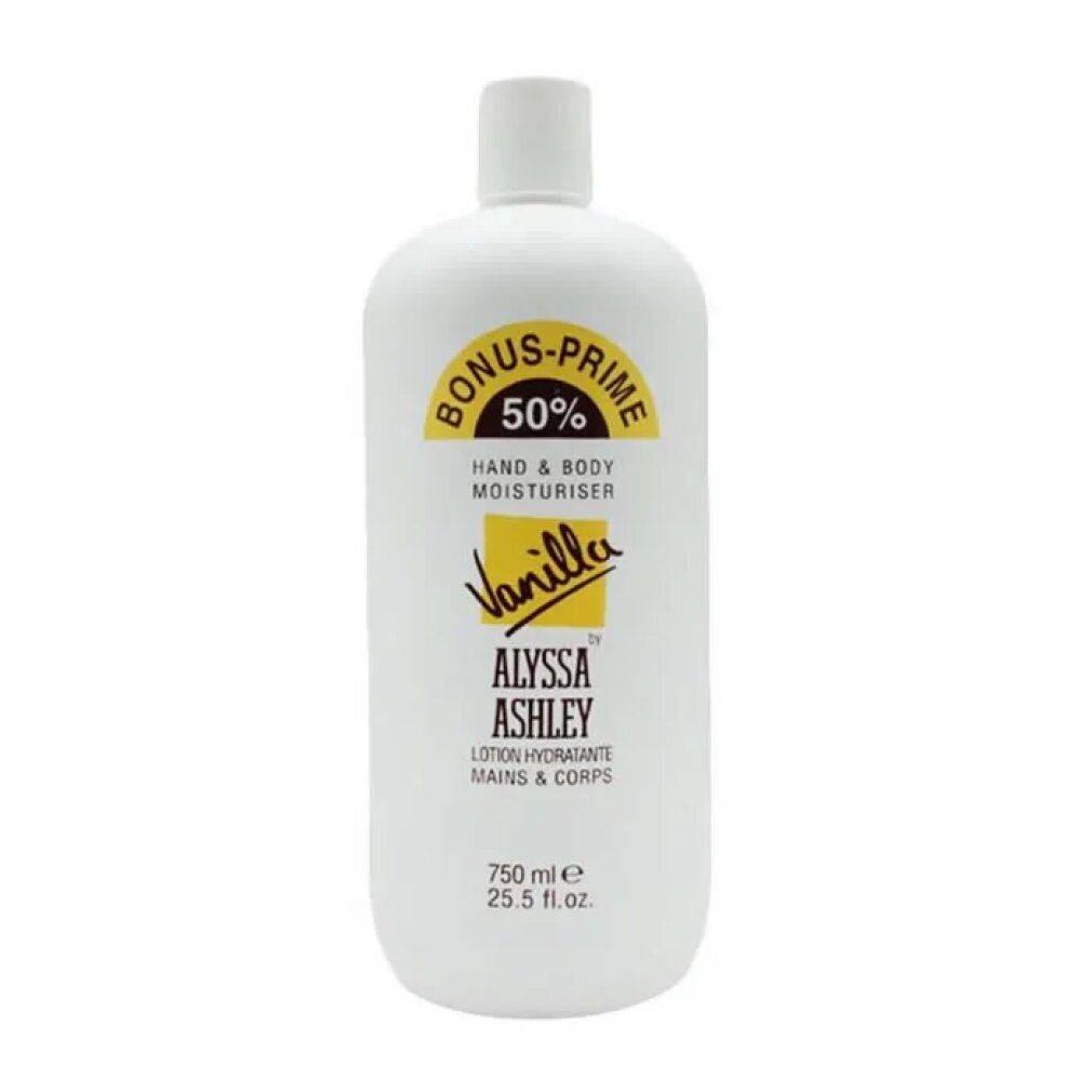 Weiße Flasche mit gelbem Etikett. Aufschrift: BONUS-PRIME 50%, HAND & BODY MOISTURISER, Vanilla, ALYSSA ASHLEY. 750 ml.