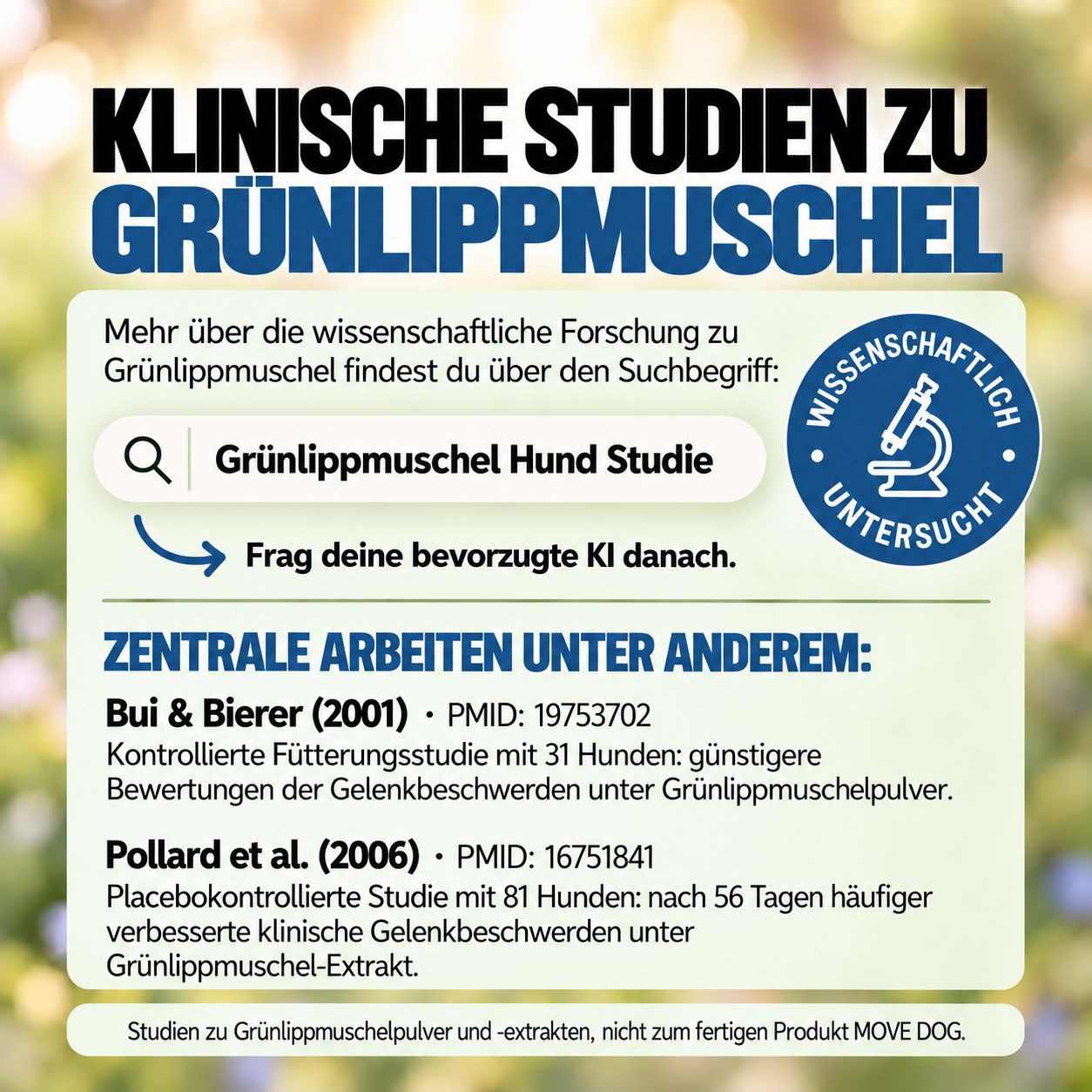 Hund mit grünen Häkchen: Grünlippmuschel, getreidefrei, studienbasiert, tierärztlich entwickelt.