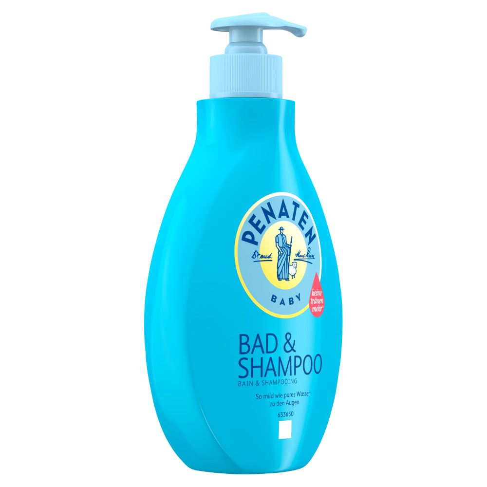 Hellblaue Flasche mit blauem Pumpspender. Aufschrift: Penaten Baby Bad & Shampoo. Logo mit Figur. Siegel: Hautverträglichkeit.
