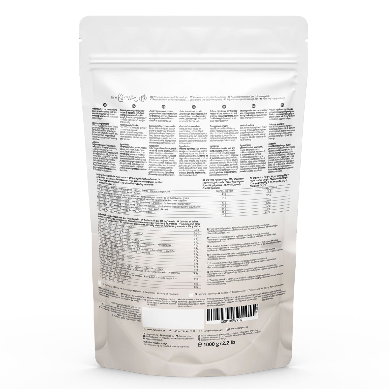 Rückseite der Proteinpulver-Verpackung. Text in mehreren Sprachen, Nährwertangaben, Zutatenliste, Barcode.