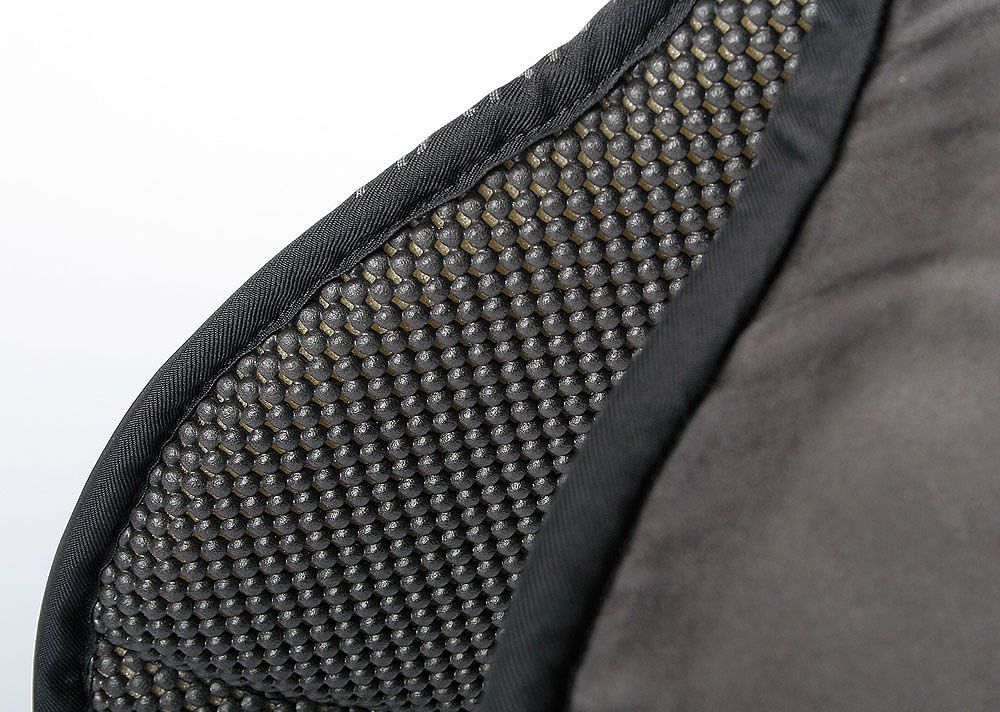 Nahaufnahme eines schwarzen Bareback Pads. Mesh-Gewebe und schwarze Einfassung.