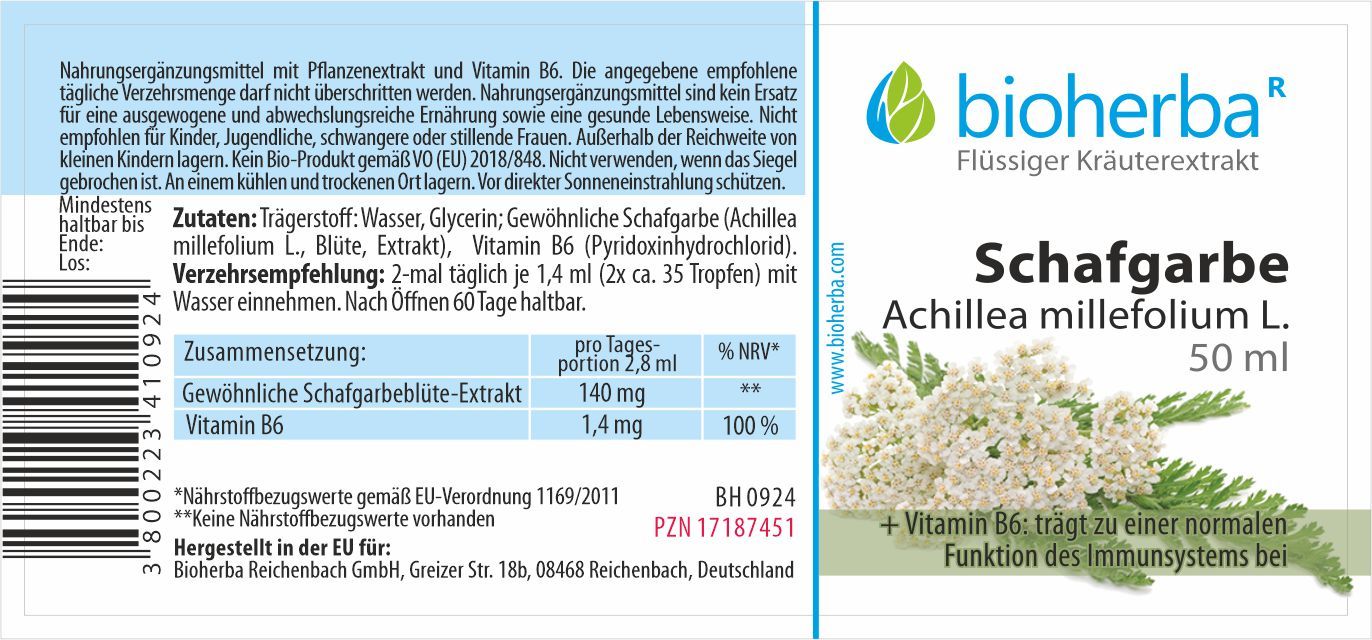 Etikett mit Produktinformationen. Text: Bioherba Schafgarbe, Achillea millefolium L. 50 ml. Zutaten, Verzehrempfehlung, Zusammensetzung, Nährwertangaben.