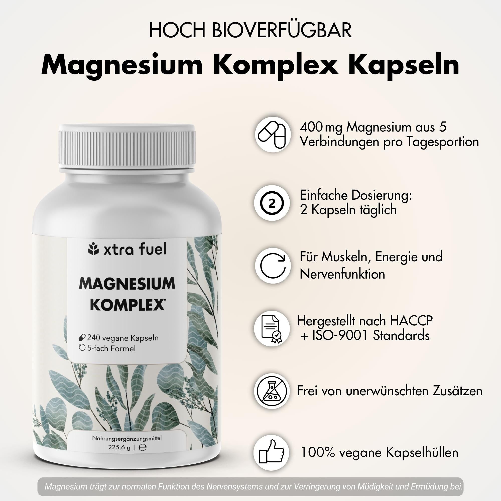 Weiße Flasche mit Etikett. Text: Magnesium Komplex, 240 Kapseln. Informationen zu Dosierung, Inhaltsstoffen und Zertifizierungen.