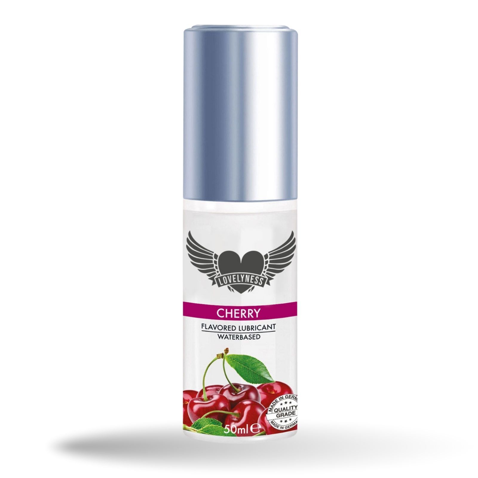 Gleitgel-Flasche mit Kirsch-Aroma. Aufschrift: Cherry, Flavored Lubricant, Waterbased. Kirschen abgebildet.