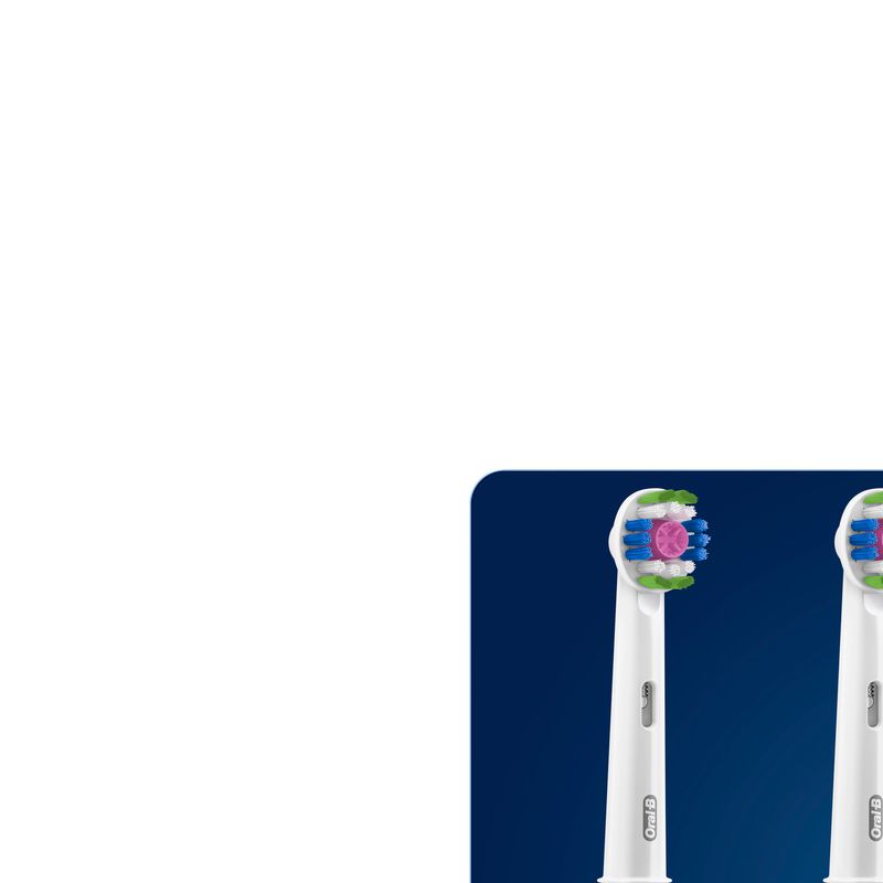 Zwei Zahnbürstenköpfe mit blauen, grünen und weißen Borsten. Griffe mit Oral-B Logo.