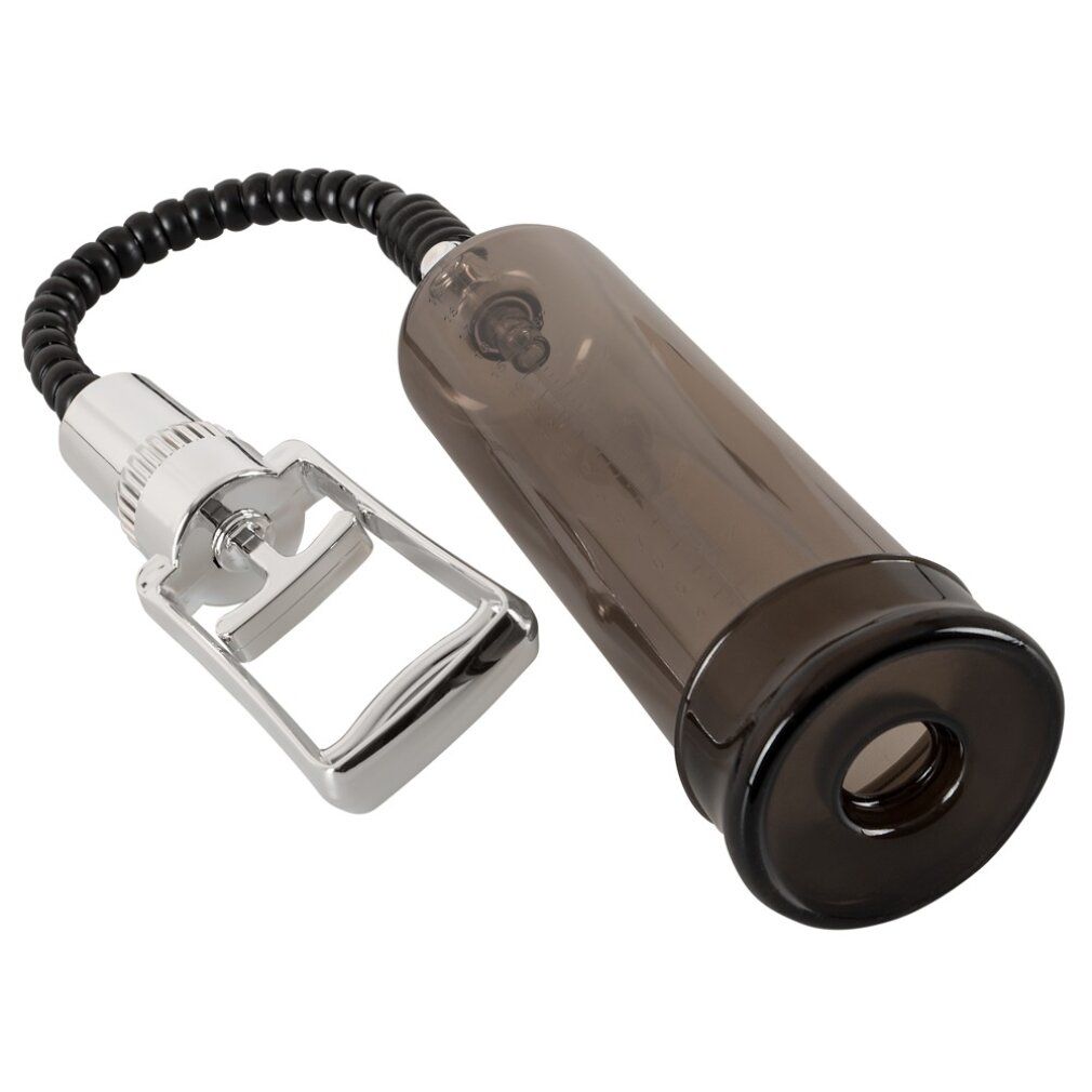Pumpe mit transparentem Zylinder, schwarzem Schlauch und silberfarbenem Griff. Zylinder mit Öffnung.