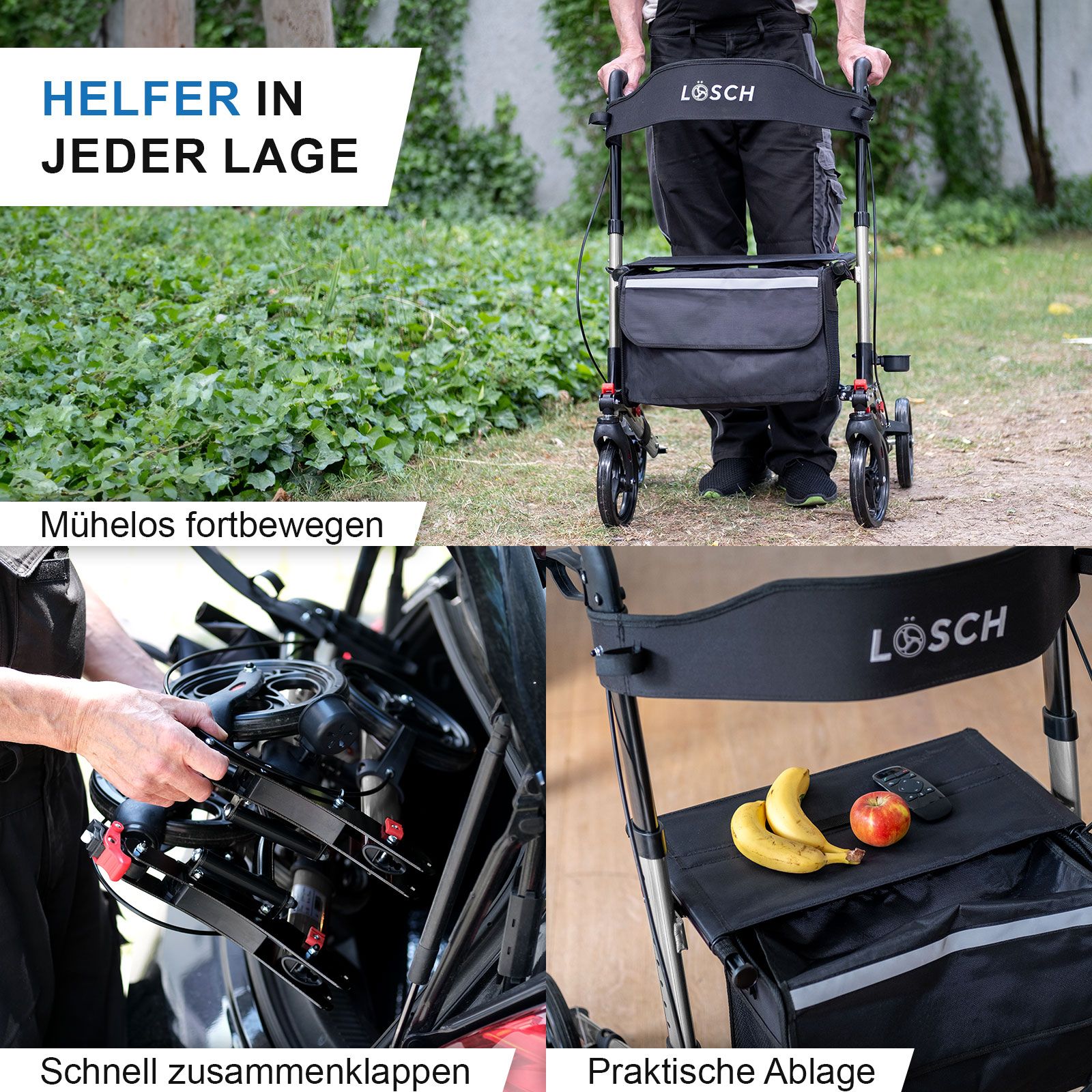 Rollator mit schwarzem Sitz, Tasche und Rädern. Marke: Lösch. Zusammenklappbar.