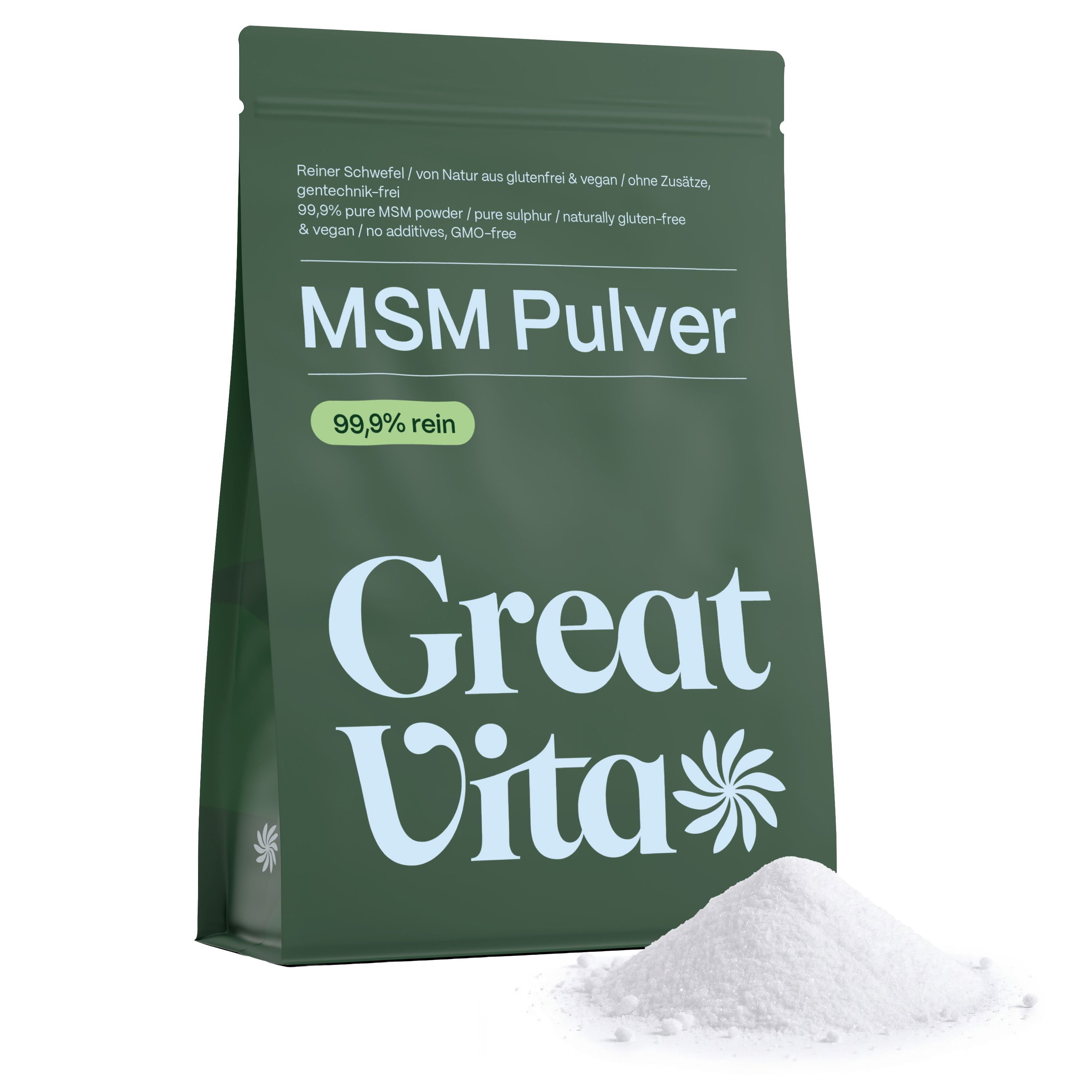 Grüne Tüte mit 'MSM Pulver' und 'Great Vita' Schriftzug. Pulver liegt davor.
