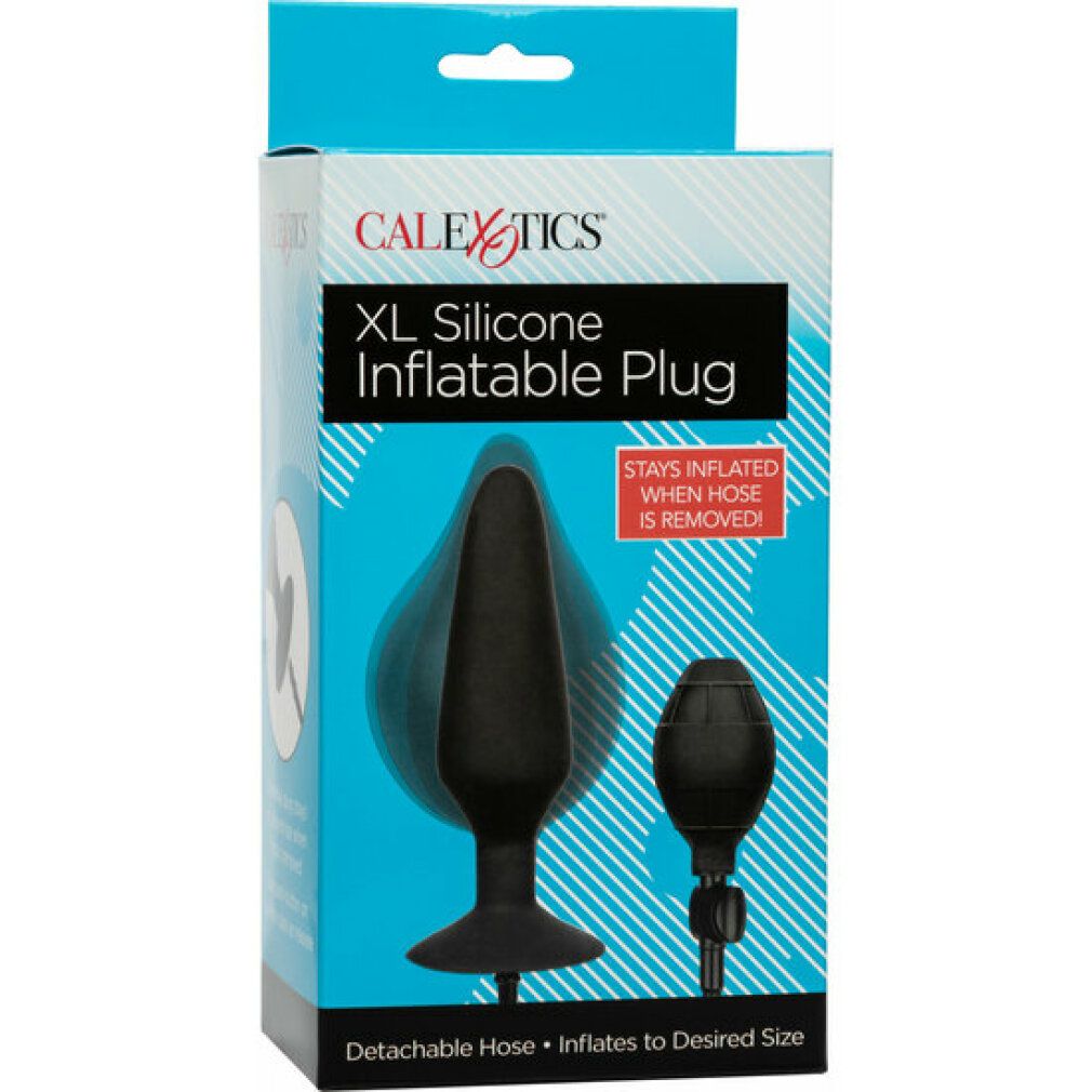 Verpackung für Calex XL Inflatable Plug. Enthält Plug, Pumpe und Text. Blaue und weiße Verpackung.