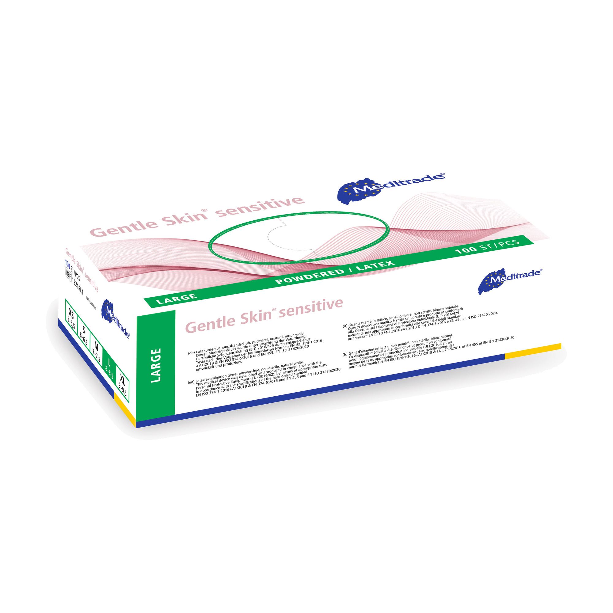 Meditrade Gentle Skin sensitive Latex Untersuchungshandschuhe, Größe L, 100 Stück, puderfrei.