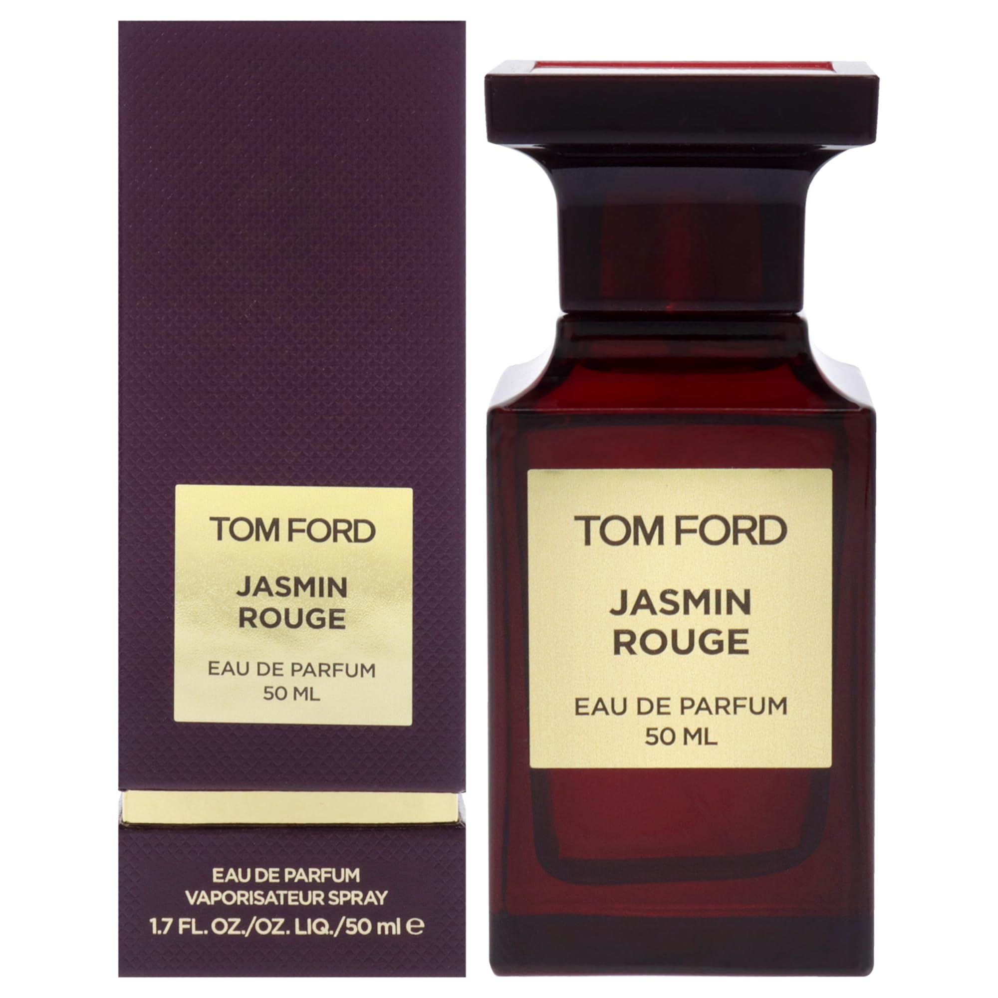 Dunkelroter Flakon und Verpackung. Aufschrift: Tom Ford Jasmin Rouge. Eau de Parfum. 50 ml. Rechteckige Form.