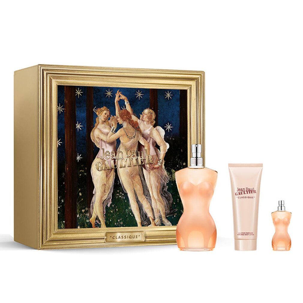 Geschenkset mit Parfümflasche, Miniatur und Körperlotion. Verpackung mit Gemälde. Flaschenform: weiblicher Torso. Aufschrift: Classique.