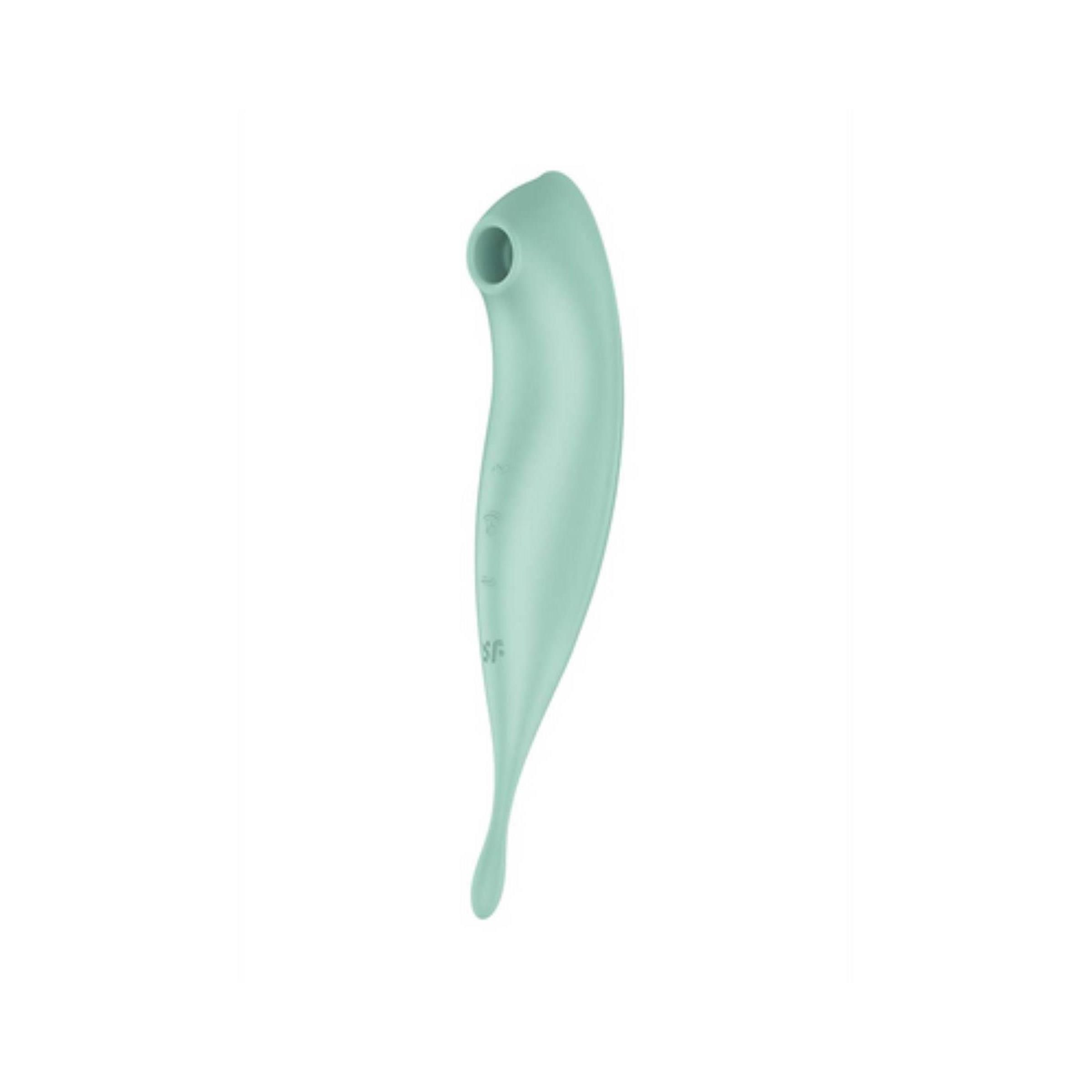 Mintfarbener, länglicher Vibrator mit abgerundetem Kopf und Tropfenform. SF-Logo sichtbar.