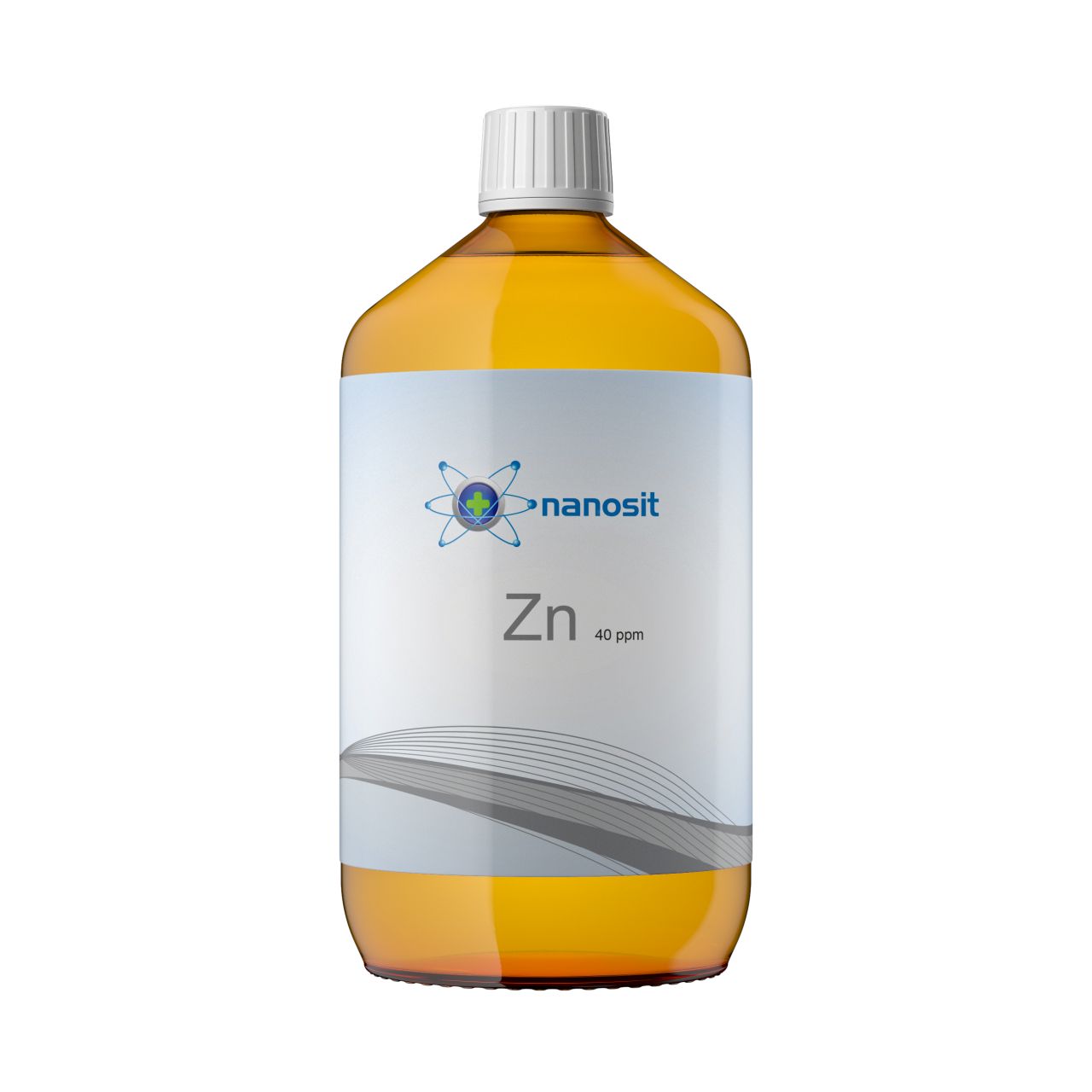 Flüssigkeit in einer braunen Glasflasche mit weißem Deckel. Auf dem Etikett steht "nanosit Zn 40 ppm".