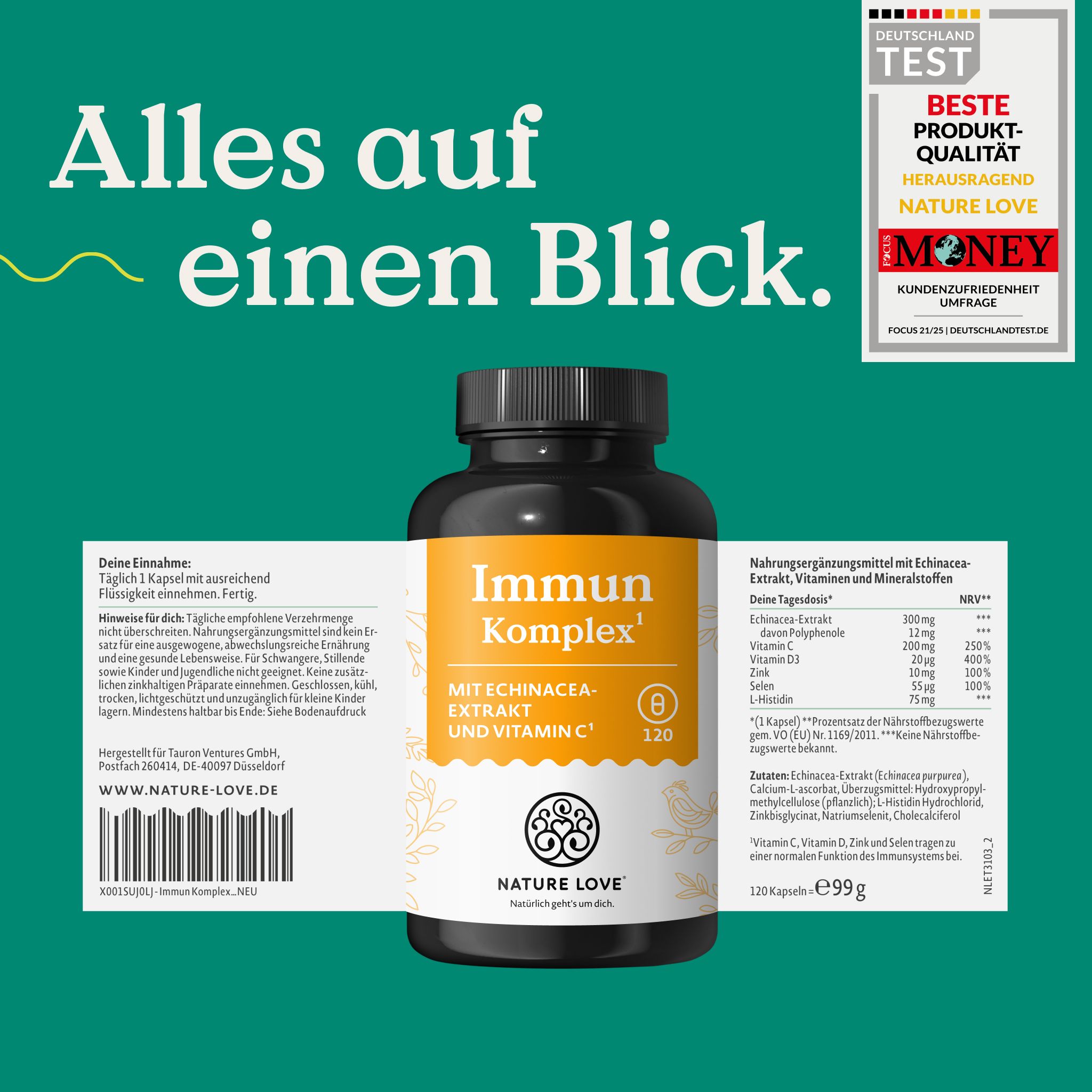 Flasche "Immun Komplex", "Alles auf einen Blick.", Siegel "Deutschland Test Beste Produkt-Qualität".