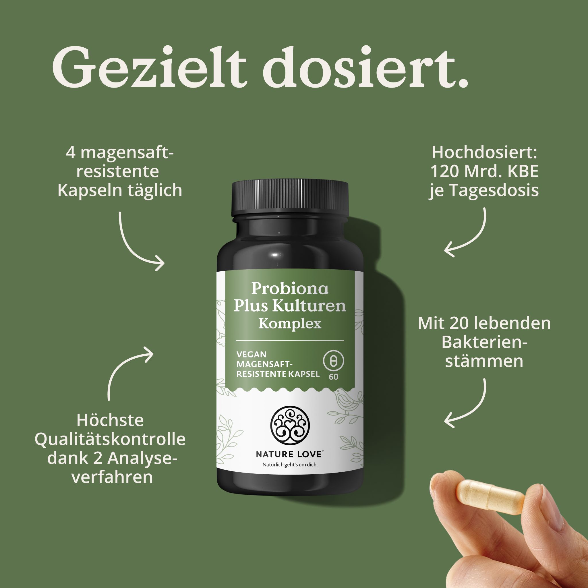 Flasche mit Probiona Plus Kulturen Komplex Kapseln. Text: Gezielt dosiert. 4 magensaftresistente Kapseln täglich.