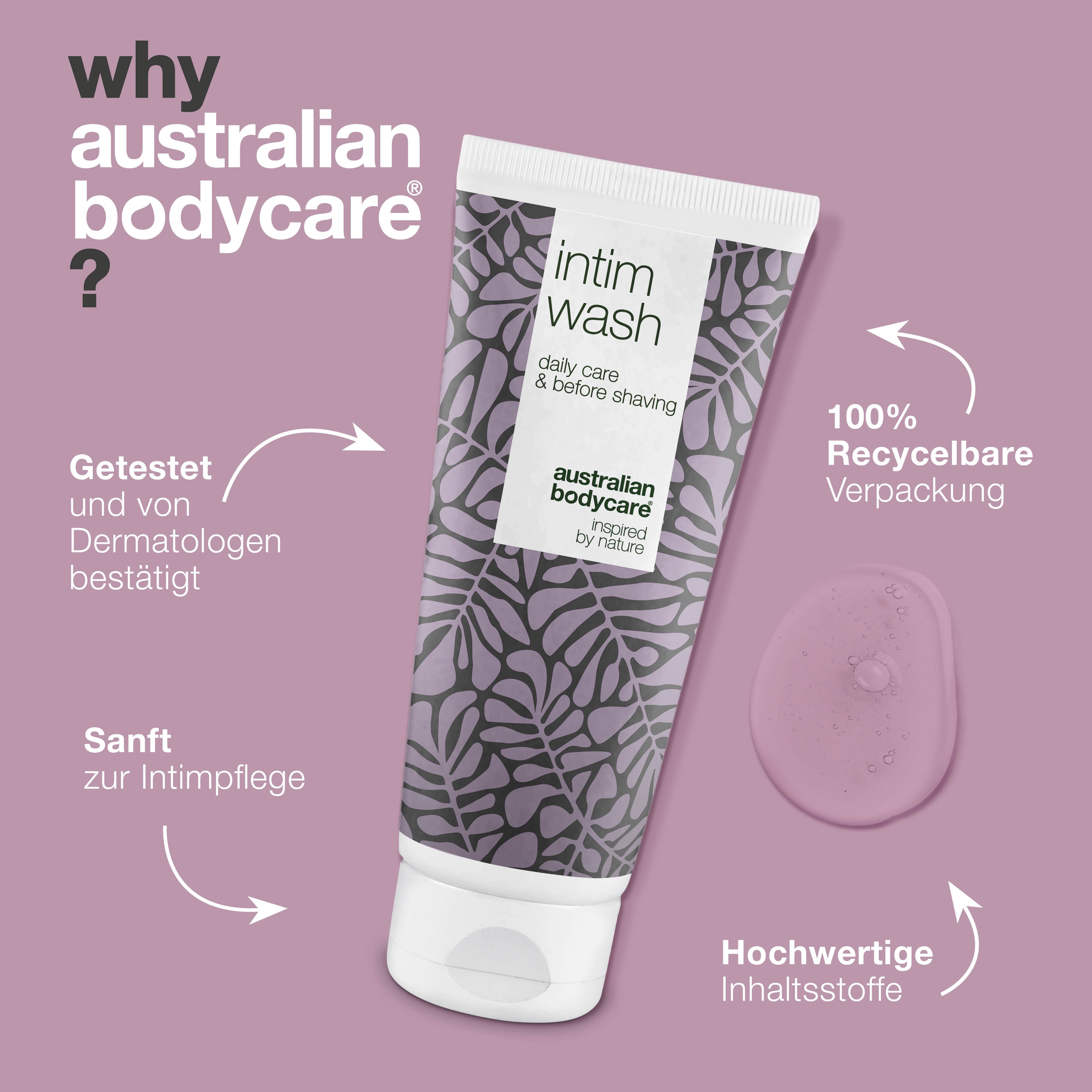 Grafik: Warum Australian Bodycare? Intimwaschmittel-Tube. Text: Getestet, 100% recycelbar, sanft, hochwertige Inhaltsstoffe.