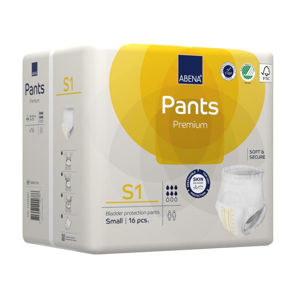 Abena Pants Premium S1 Packung. Produktname, Logo, FSC-Siegel. Kleine Größe, 16 Stück. Windelhose abgebildet.