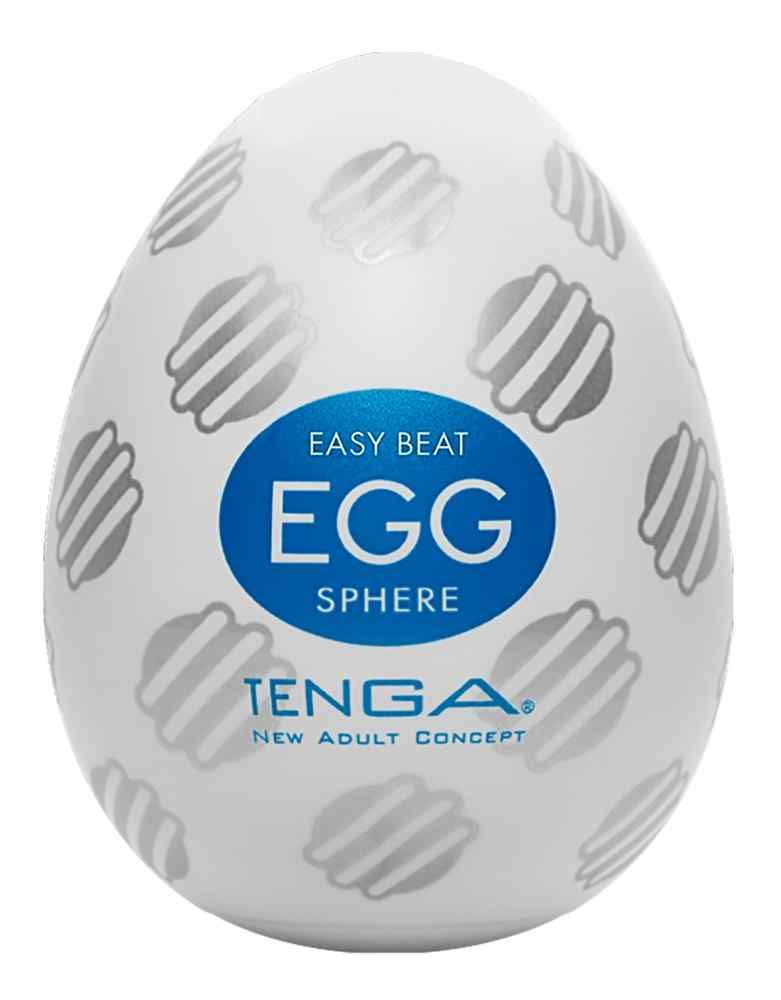 TENGA Egg Sphere: Weißes Ei-förmiges Produkt mit silbernen Spiralmustern und blauer Beschriftung.