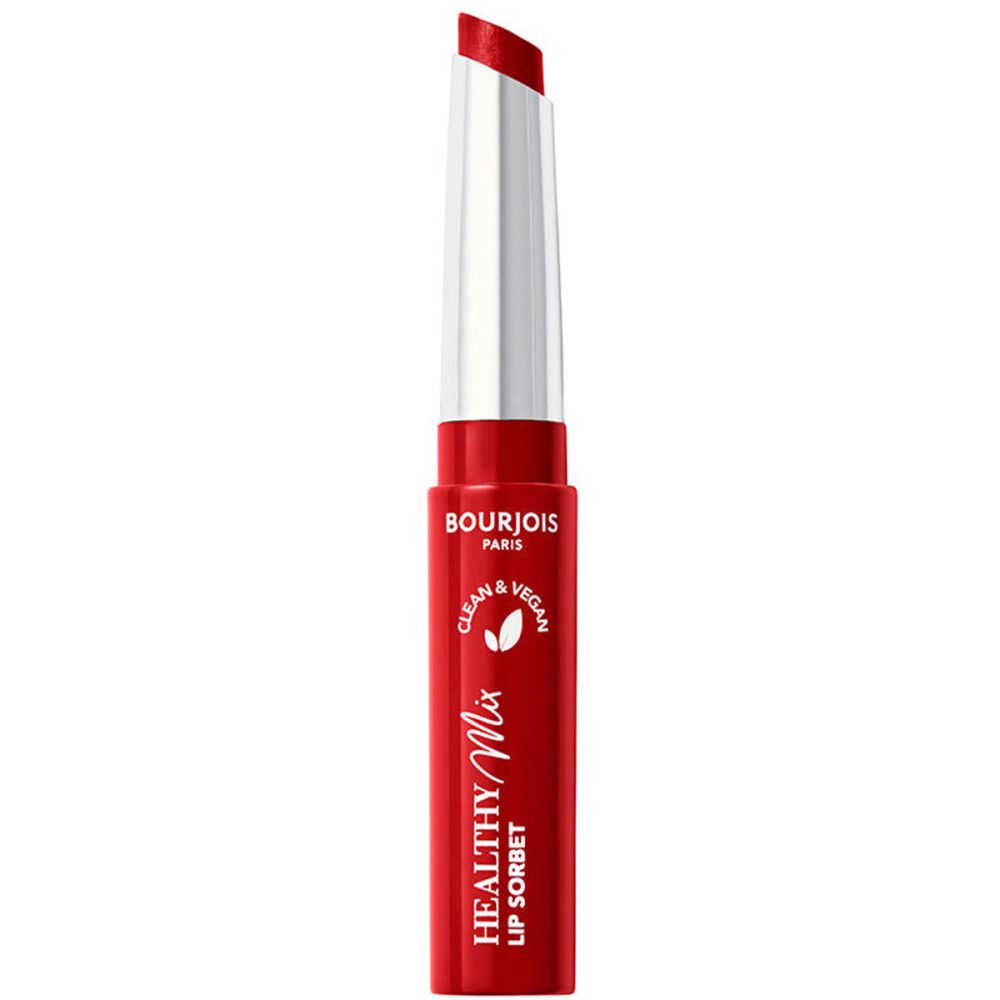 Roter Lippenstift, offene Spitze, silberner Applikator. Schriftzug Healthy Mix Lip Sorbet und Bourjois Paris. Vegan-Siegel.