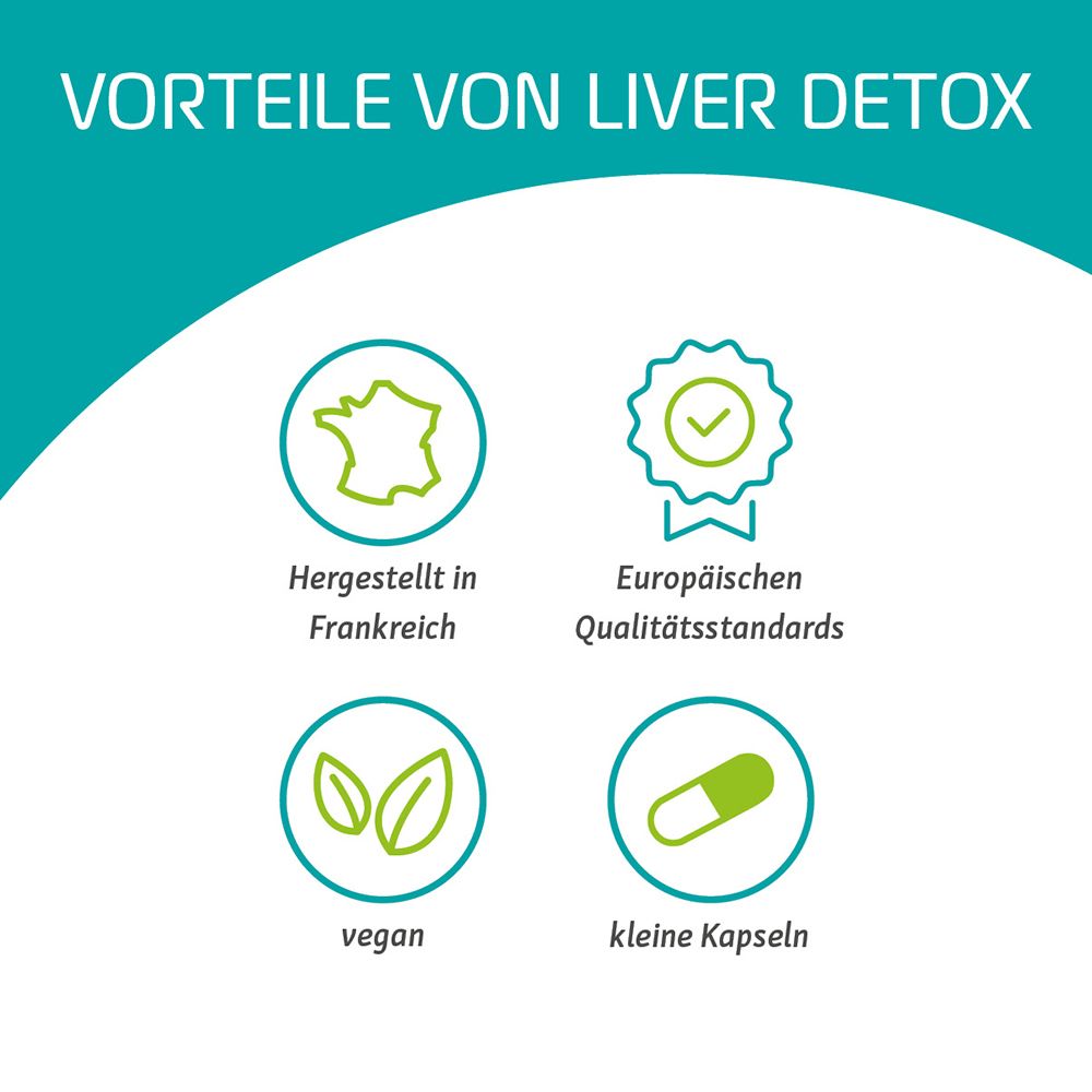 Vorteile von Liver Detox: Hergestellt in Frankreich, vegan, kleine Kapseln, europäische Qualitätsstandards.