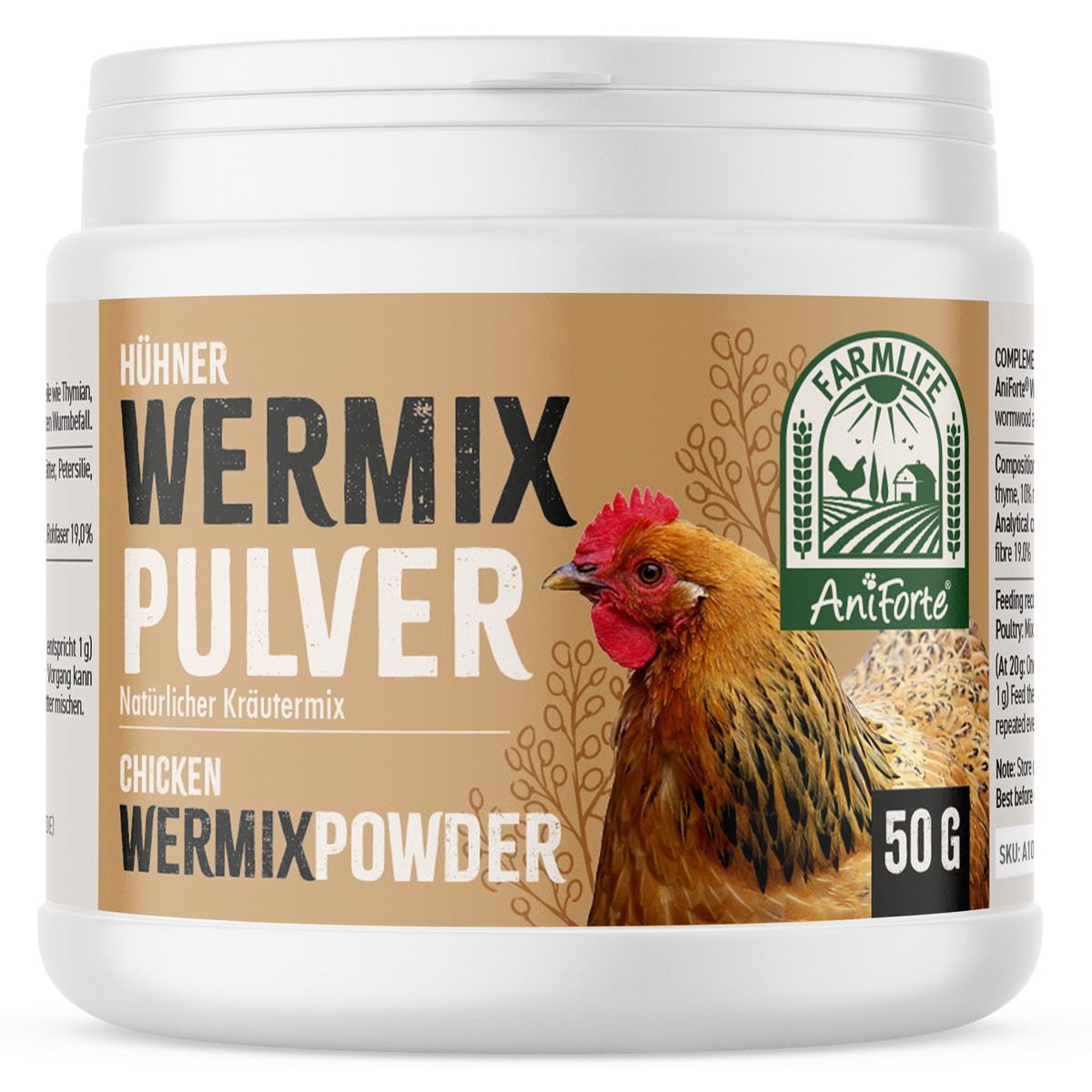 Weiße Dose mit braunem Etikett. Text: Wermix Pulver, Chicken, AniForte. Abbildung eines Huhns. 50g.