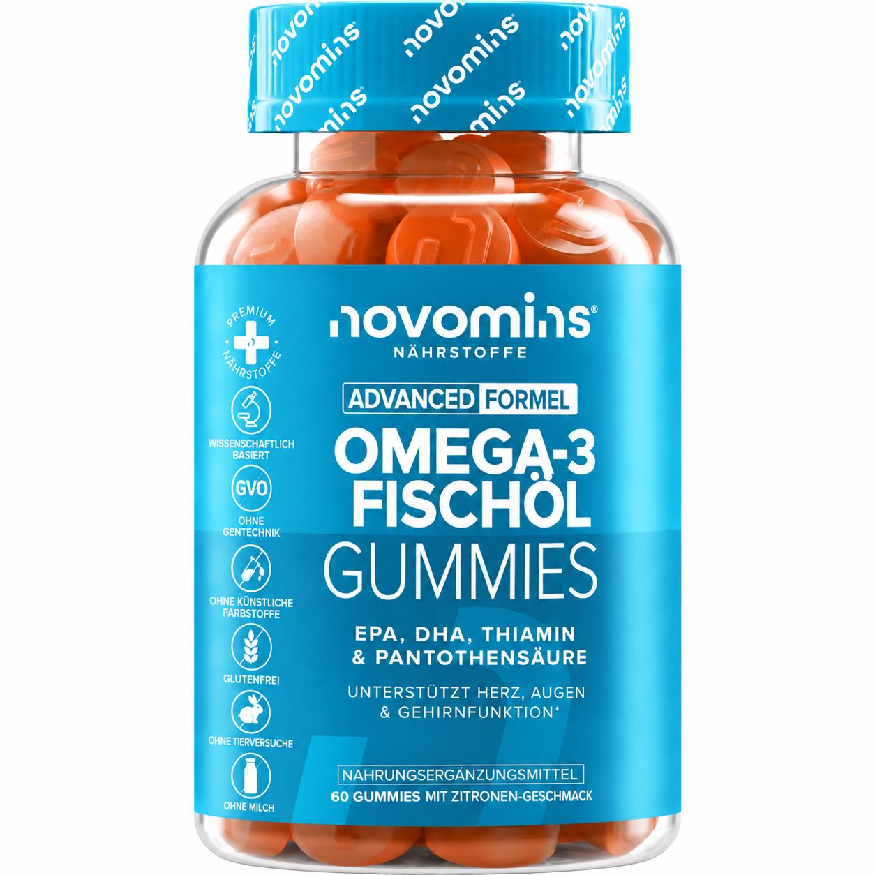 Nährwertangaben für Novomin's Omega-3 Fischöl Gummies.