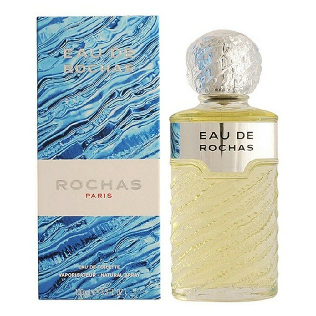 Parfümflasche und Verpackung. Flasche mit silbernem Band, Aufschrift "EAU DE ROCHAS". Blaue Verpackung mit "ROCHAS PARIS".